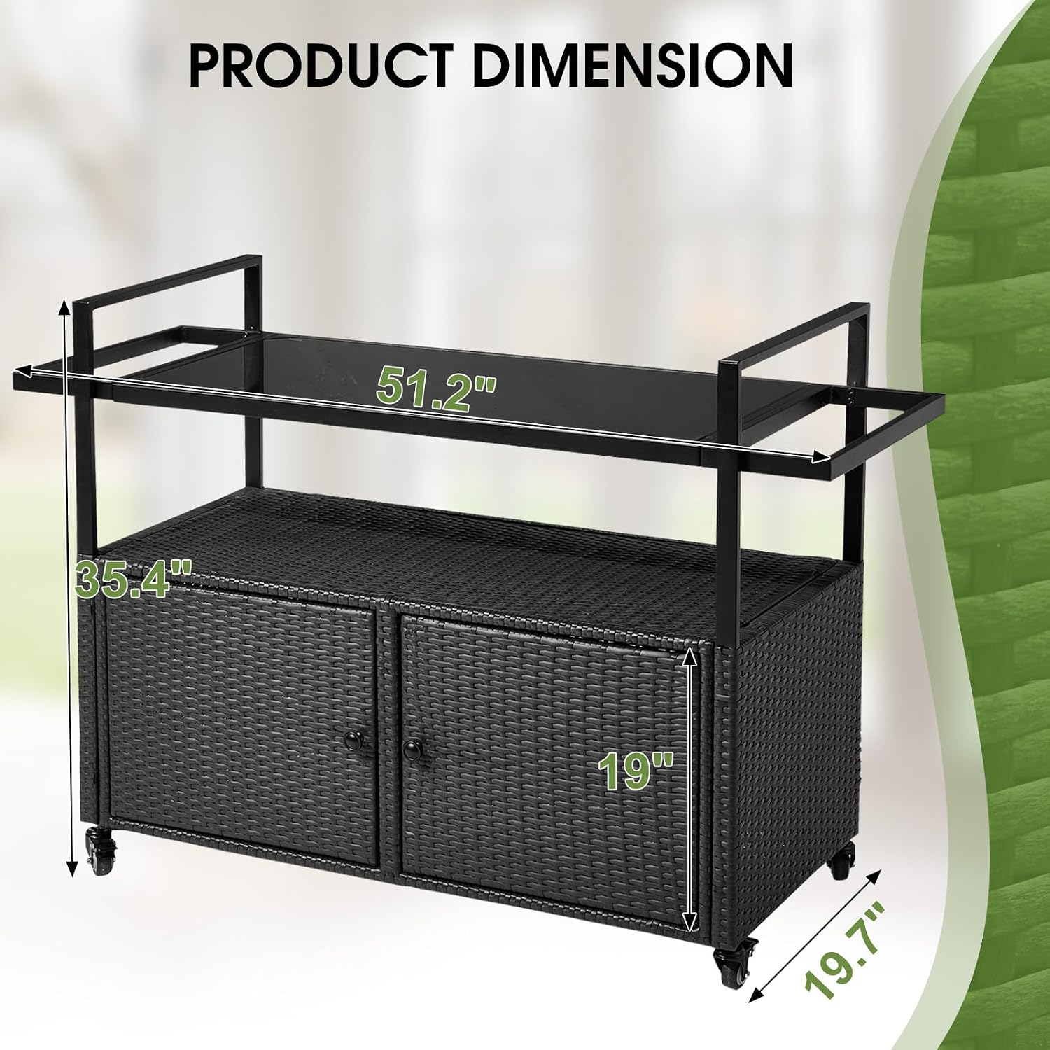 Outvita Patio Bar Table, Weatherproof Buffet Cabinet Wicker Outdoor Storage Cart with 2 Doors & Shelves Glass Tabletop for Tableware Wine Bottle and Glass, Towels, and Potting Supplies