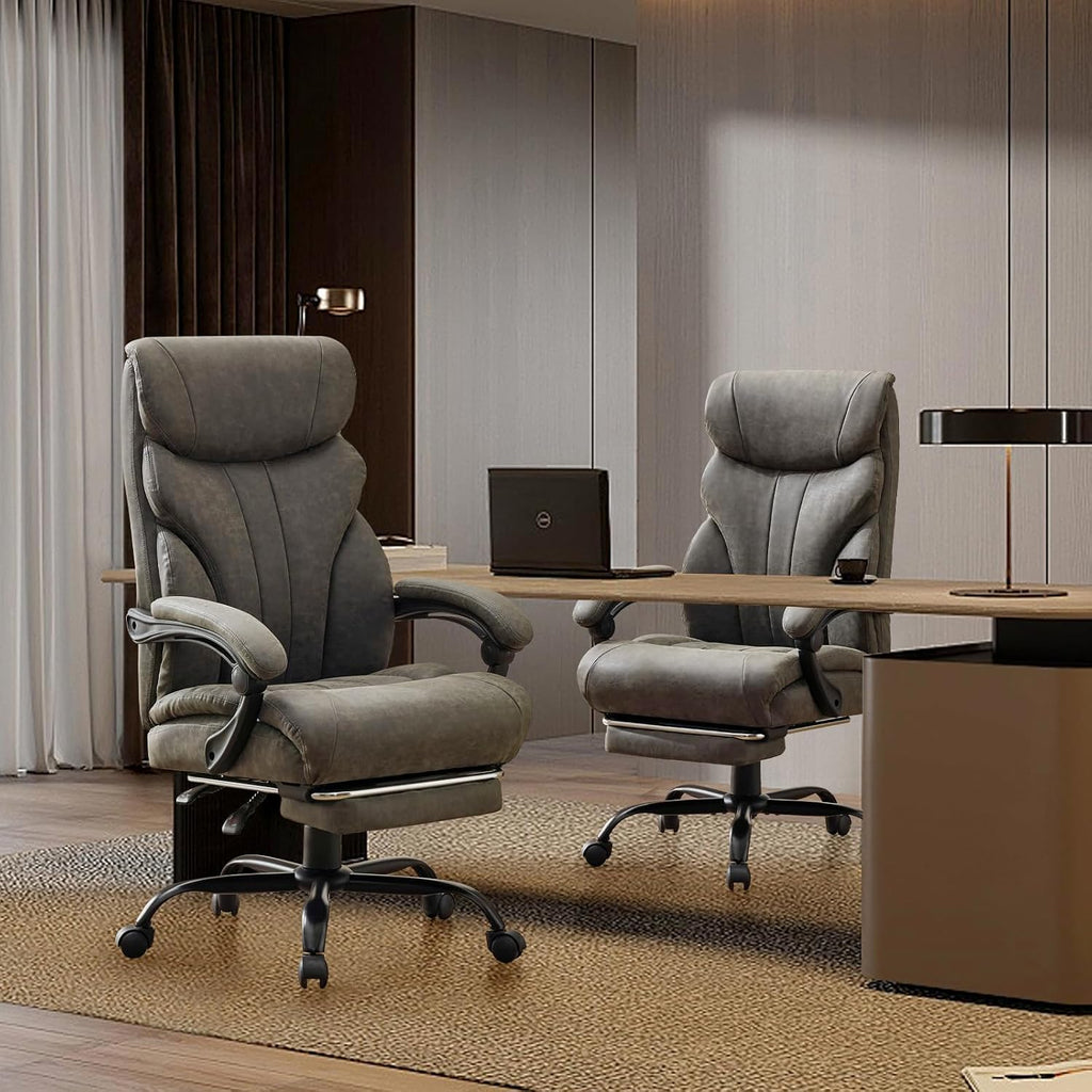 Comfortable Office Desk Chair 500 LBS, Big and Tall Office Chairs with Footrest,90-155°Recline Executive Leather Gaming Chair for Heavy People, Long Hours,Gray