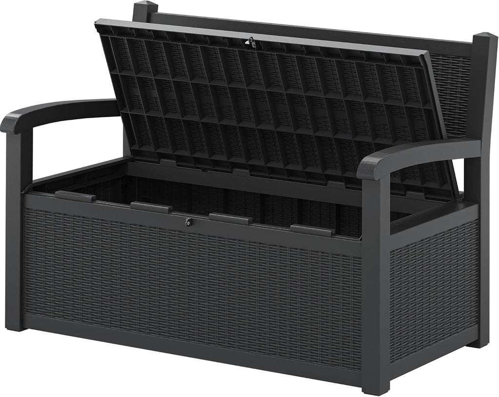 LHBGO 70 Gallon Storage Bench Deck Box for Patio Furniture with Armrest Bench Outdoor Storage