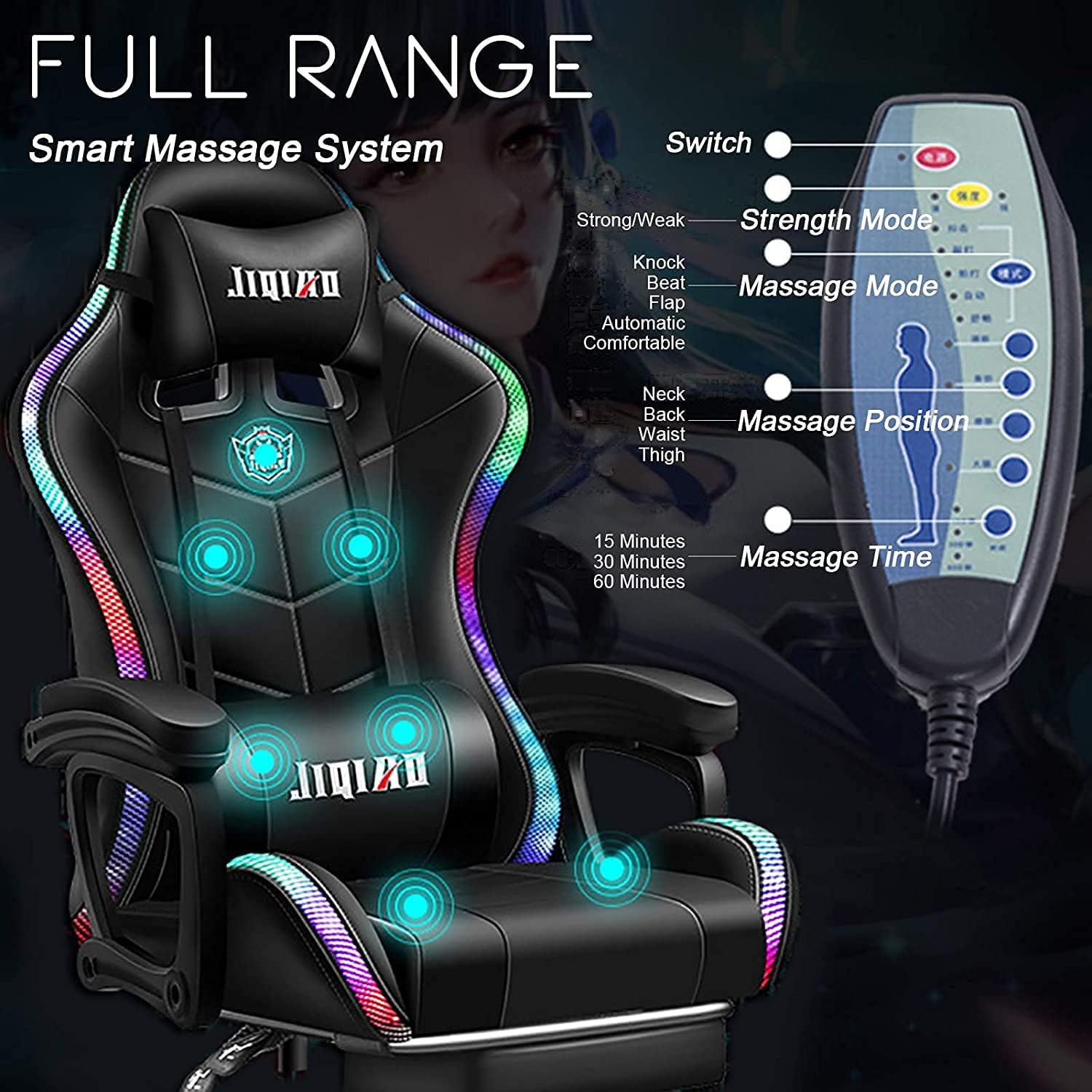 Gaming Chair with Bluetooth Speakers, Video Game Chairs Gaming Lights- Ergonomic Massage Gaming Chair Full Massage Lumbar Support Adjustment of Backrest Dual Gaming Chair…