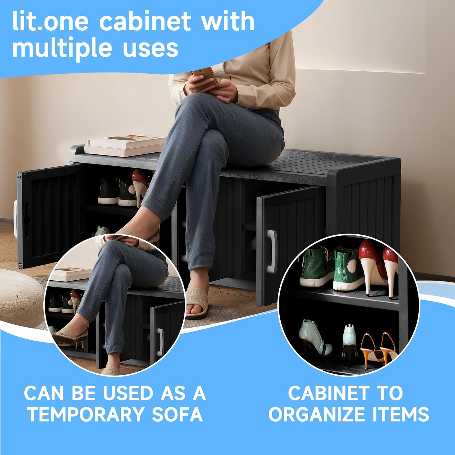 Trygoal3 Doors Shoe Bench, Waterproof & UV-Resistant, Resin Shoe Cabinet Indoor & Outdoor Use, Entryway Bench with Adjustable Shelves & Hidden Storage Space for Bedroom, Hallway, Grey
