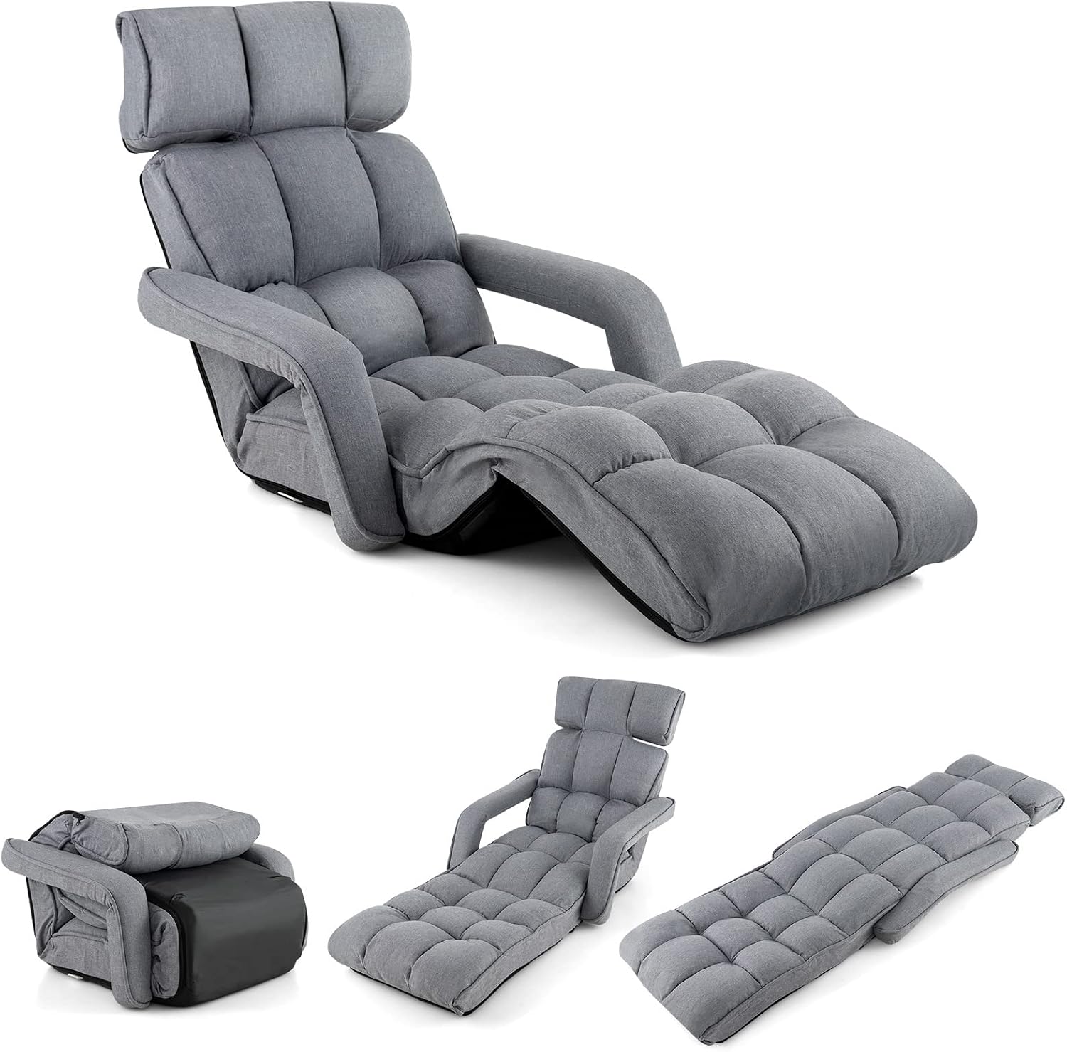 Giantex Foldable Lazy Sofa Bed, 6-Position Adjustable Floor Chair Chaise Lounge with Armrest and Footrest, Padded Gaming Recliner for Reading Living Room Bedroom Indoor (Gray)