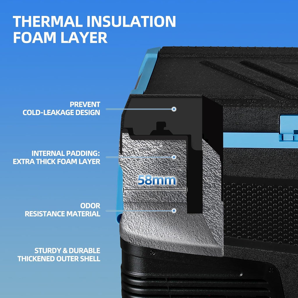 45L Car Refrigerator Freezer, -4℉~68℉ 48QT Single Zone Portable Compressor Cooler with Reversible Door, Battery Slot, All-Terrain Wheels, 100–240V AC / 12V / 24V DC Powered, LED Light – Ice Blue