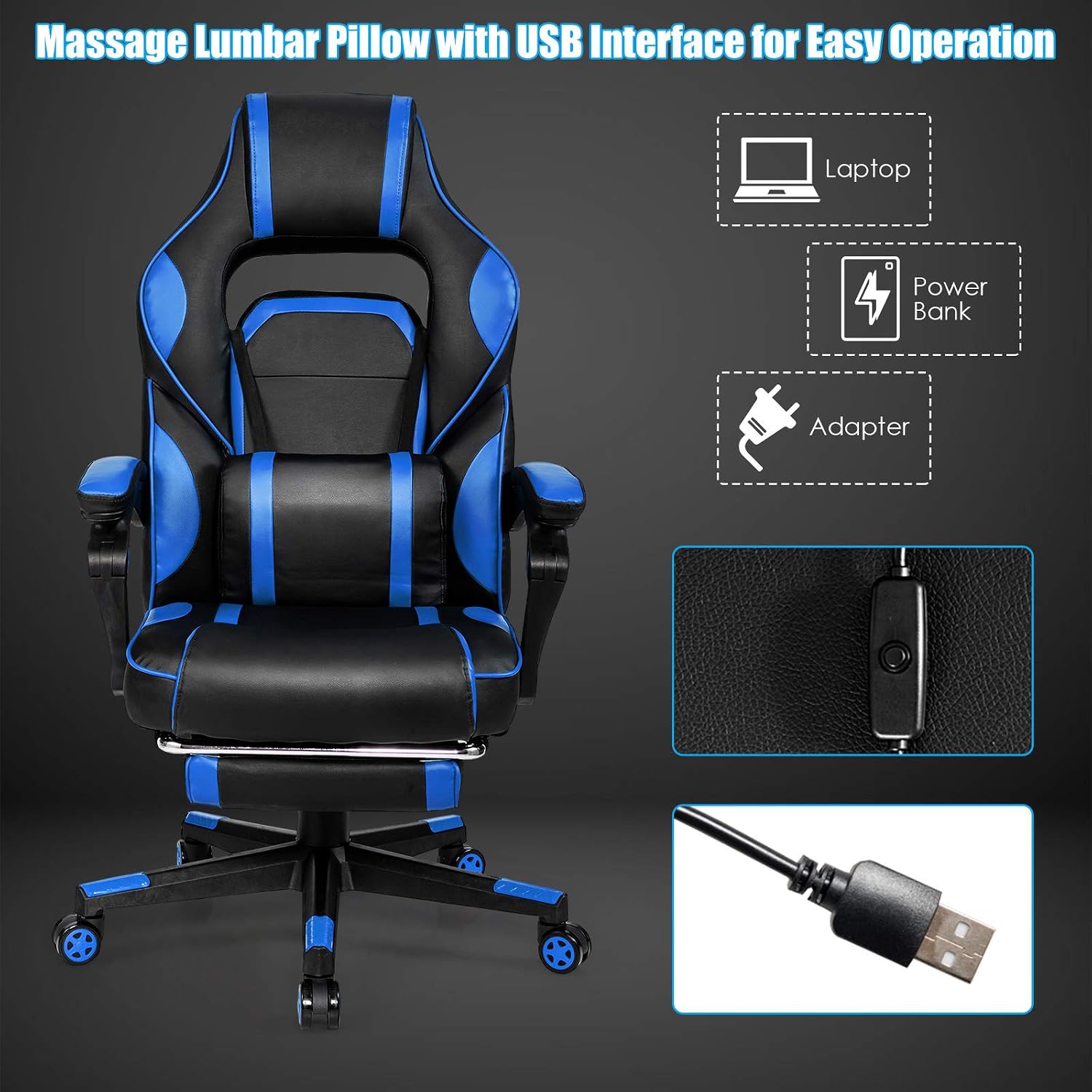 Giantex Ergonomic Gaming Chair, Executive Computer Office Chair with USB Massage Lumbar Cushion and Retractable Footrest, High Back Swivel Chair with Backrest and Height Adjustable (Blue)
