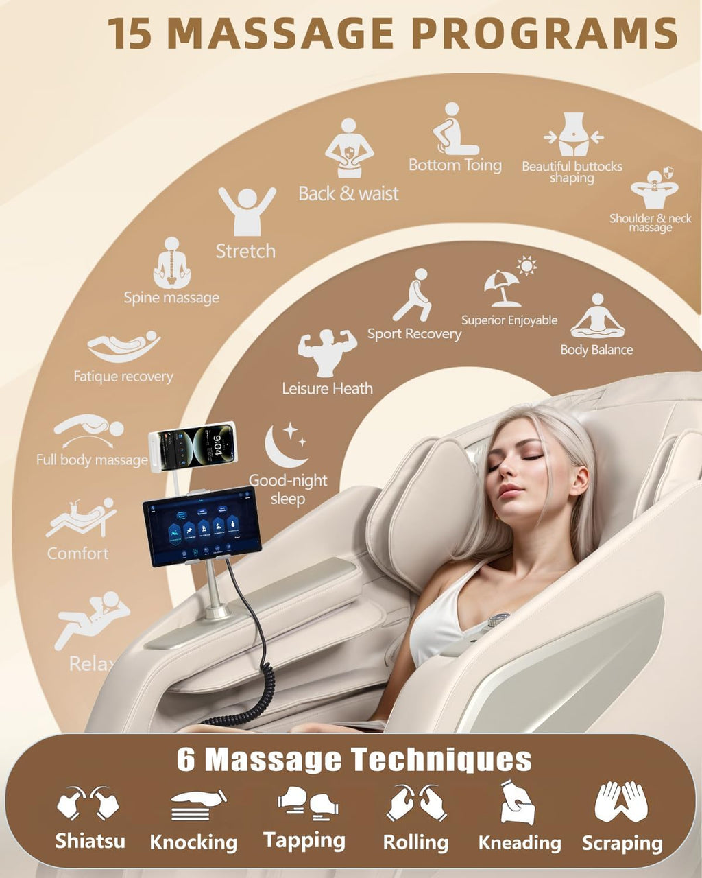 Full Body Zero Gravity Massage Chair with Body Scan 4D Intelligent Shiatsu Strecth Massage, Back/Leg Heated with AI Voice Control Bluetooth Speaker Airbags SL Track Massage Beige