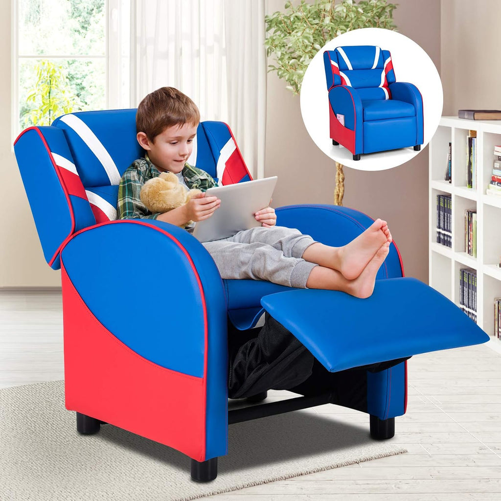 Kids Recliner, Kids Gaming Recliner Chair w/Adjustable Backrest & Footrest, 2 Side Pockets, Leather Armchair for Nursery, Bedroom, Comfy Toddler Chair Sofa for Boys & Girls (Blue)