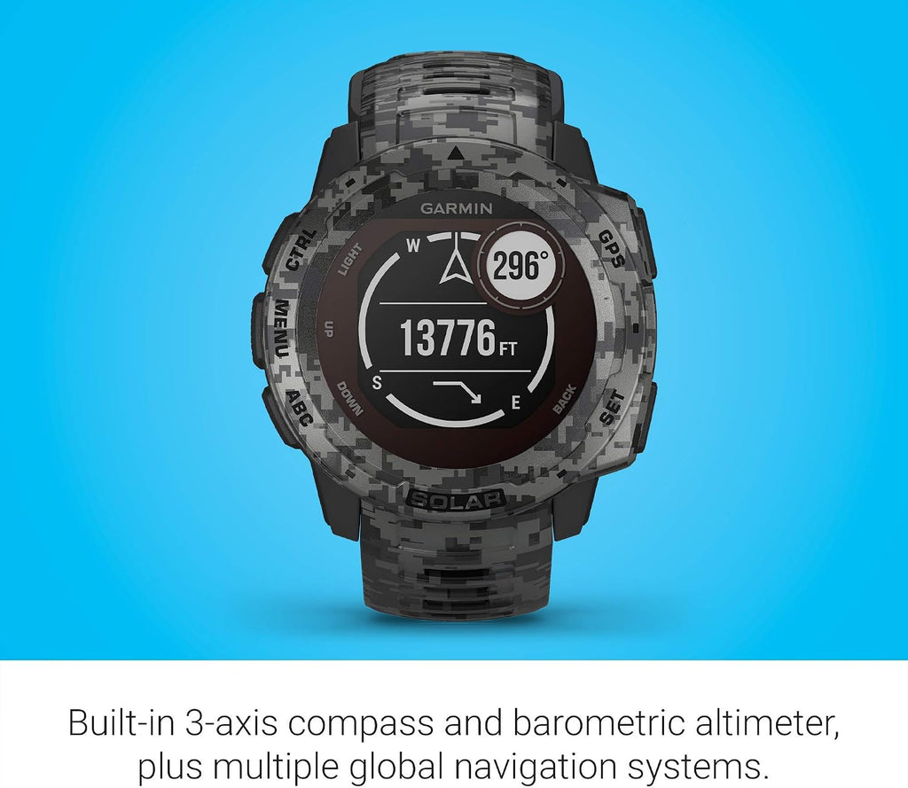 Garmin Instinct Solar, Solar-Powered Rugged Outdoor Smartwatch, Built-in Sports Apps and Health Monitoring, Graphite Camo (Renewed)