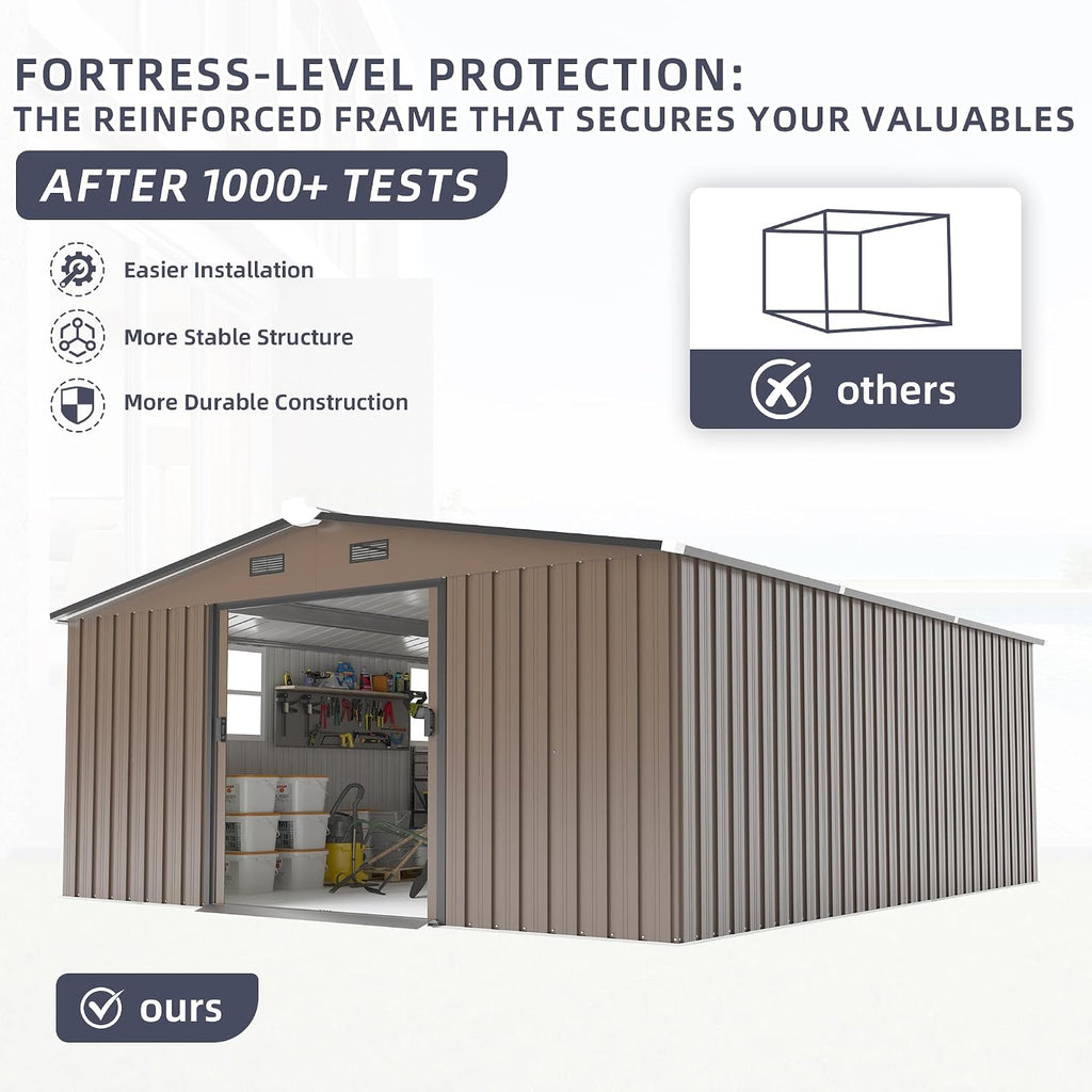 KEIKI 10x12 FT Metal Garden Storage Shed with Foundation Kit, Double Door Outdoor Tool Shed with 2 Windows, Color Steel Construction, Tool Shed for Lawn Equipment, Bikes, Trash Cans, Brown