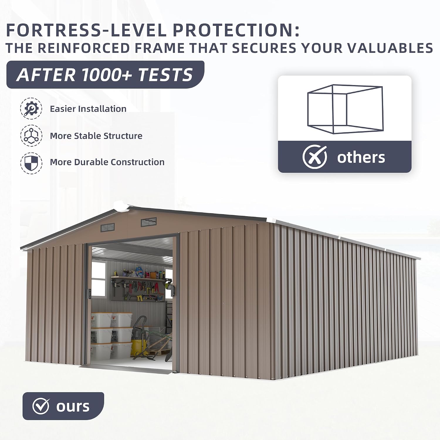KEIKI 10x12 FT Metal Garden Storage Shed with Foundation Kit, Double Door Outdoor Tool Shed with 2 Windows, Color Steel Construction, Tool Shed for Lawn Equipment, Bikes, Trash Cans, Brown