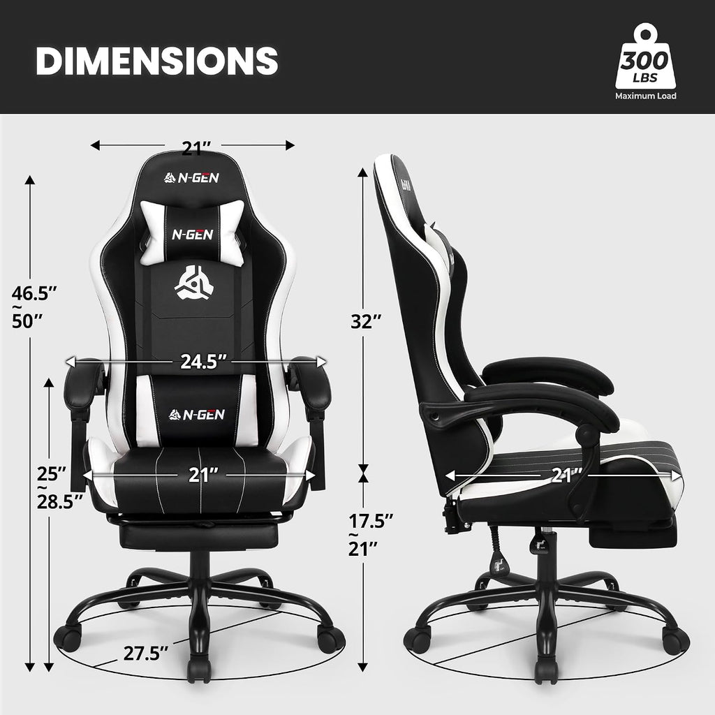 N-GEN GAMING Video Gaming Chair with Footrest Lumbar Support for Home Office High Back Recliner Height Adjustable Ergonomic Comfy Leather Computer Desk Chair (Leather White)