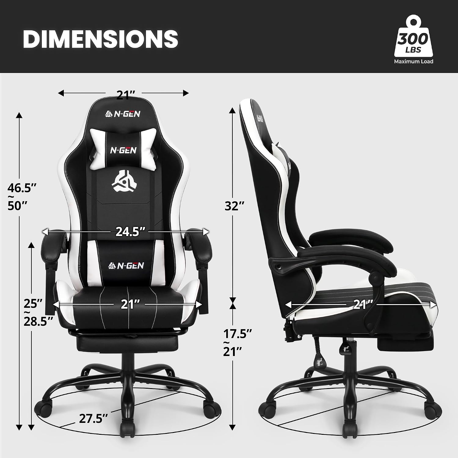 N-GEN GAMING Video Gaming Chair with Footrest Lumbar Support for Home Office High Back Recliner Height Adjustable Ergonomic Comfy Leather Computer Desk Chair (Leather White)