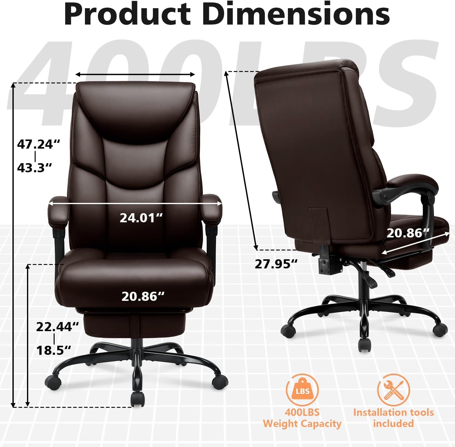 WAILOR 400lbs Office Chair with Foot Rest, Reclining Big and Tall Office Chair with Lumbar Support, High Back PU Leather Computer Chair,Comfy Desk Chair for Home Office (Casual) (Brown)