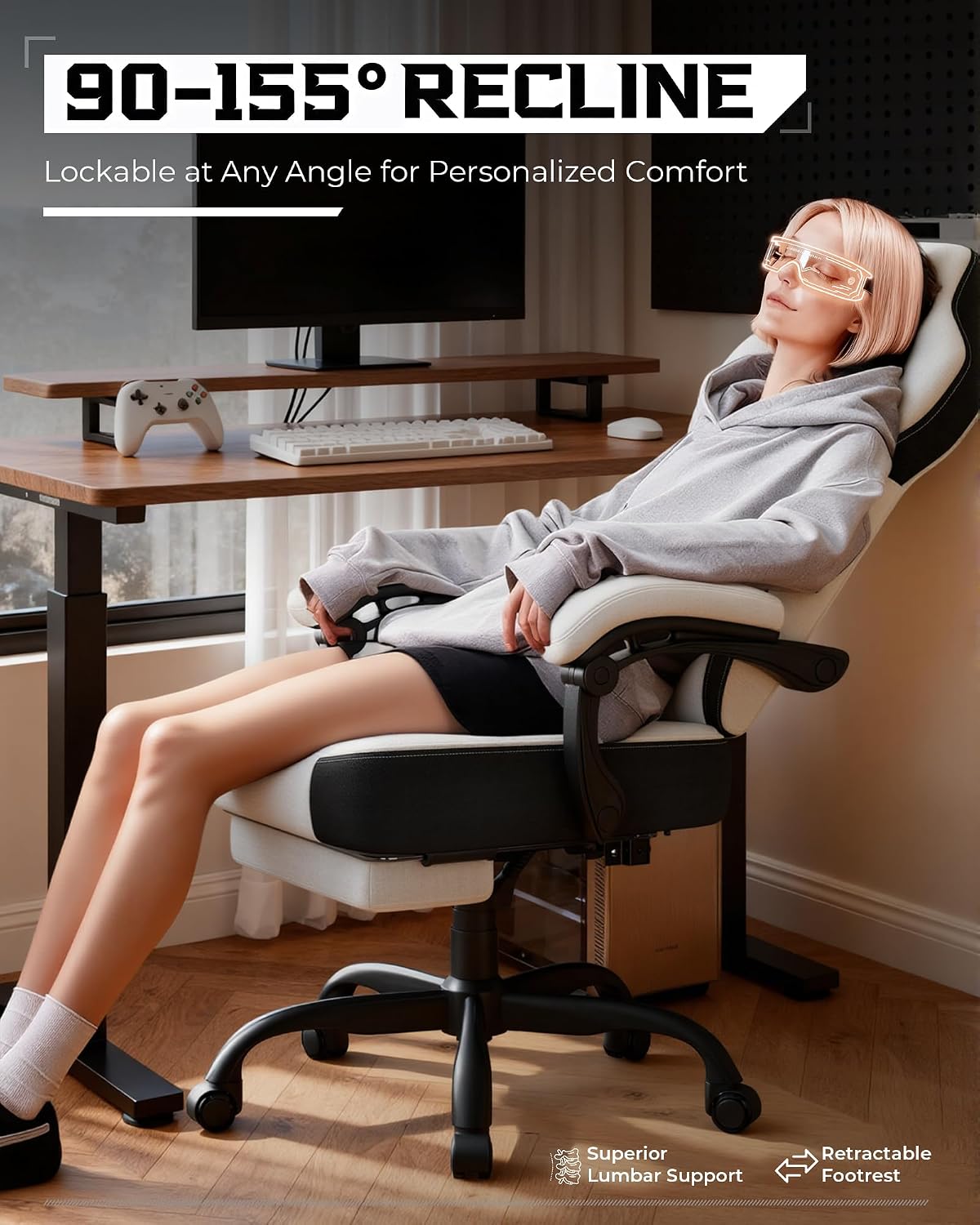 GTPLAYER Gaming Chairs for Adult - Ergonomic Big & Tall Gaming Seat with Footrest & Lumbar Support, Comfortable Office Chair 90-155° Reclining - Heavy Duty Wide Computer Seat, White Grey