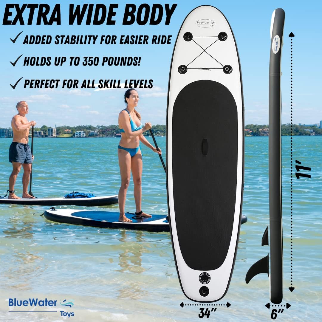 Blue Water Toys Portable Inflatable Stand Up Paddle Board Kit | 11ft x 34in Nylon & Mesh Inflatable Paddle Board with 100% UV-Resistant EVA Pad, Pump, Backpack, Coil Leash & Repair Kit (Black/White)