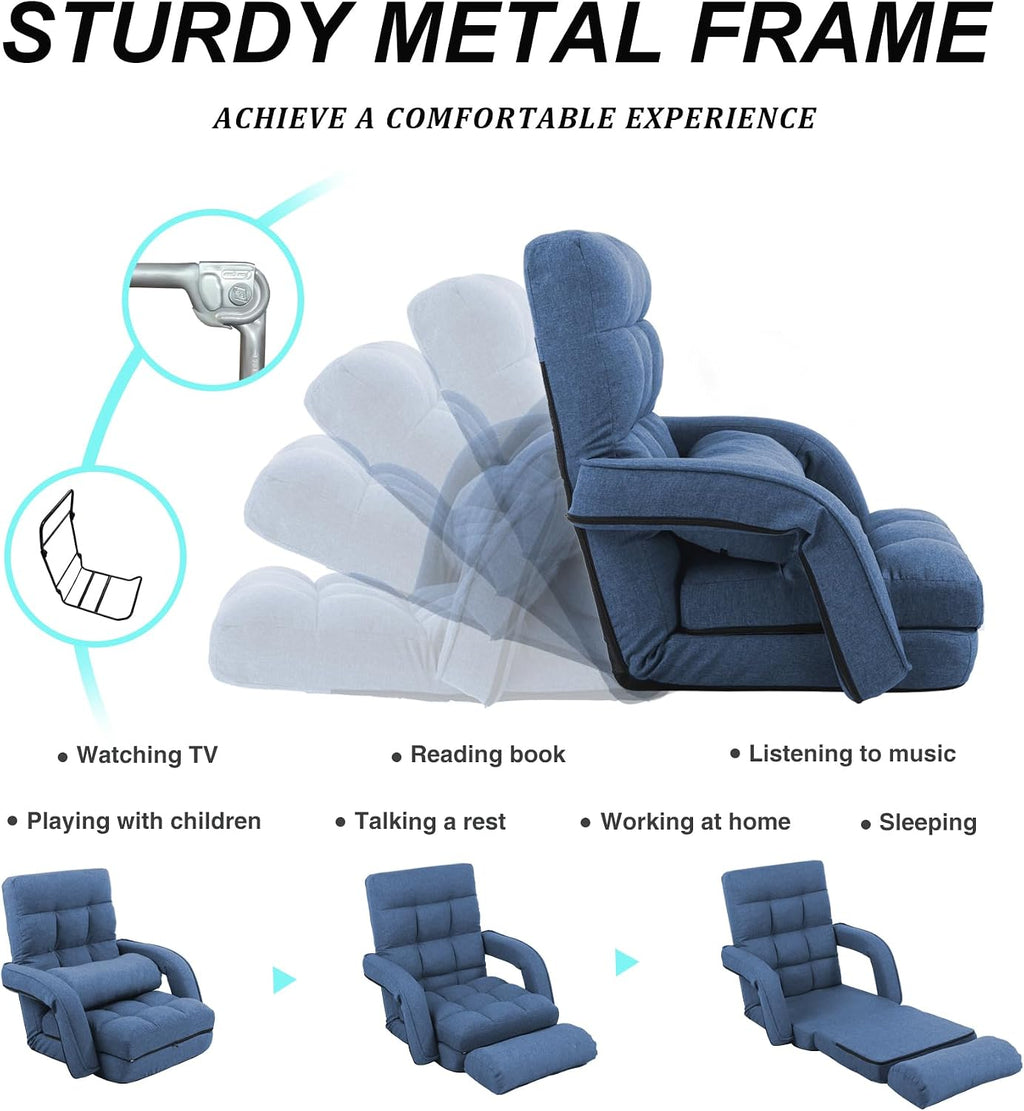 Adjustable Floor Chair for Adults with Back Suppor,5-Position Folding Lazy Sofa with Pillow, Gaming & Meditation Chair with Breathable Fabric - for Living Room, Bedroom, Office,Balcony (Blue)