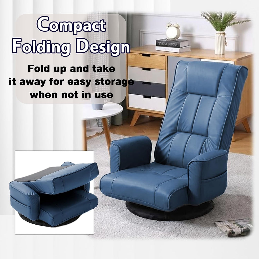 360 Degree Swivel Floor Chairs for Adults, Faux Leather Gaming Floor Chair with Back Support, 14 Angles Adjustable Comfortable Floor Lounge Chair Folding Video Game Chairs Office Bedroom