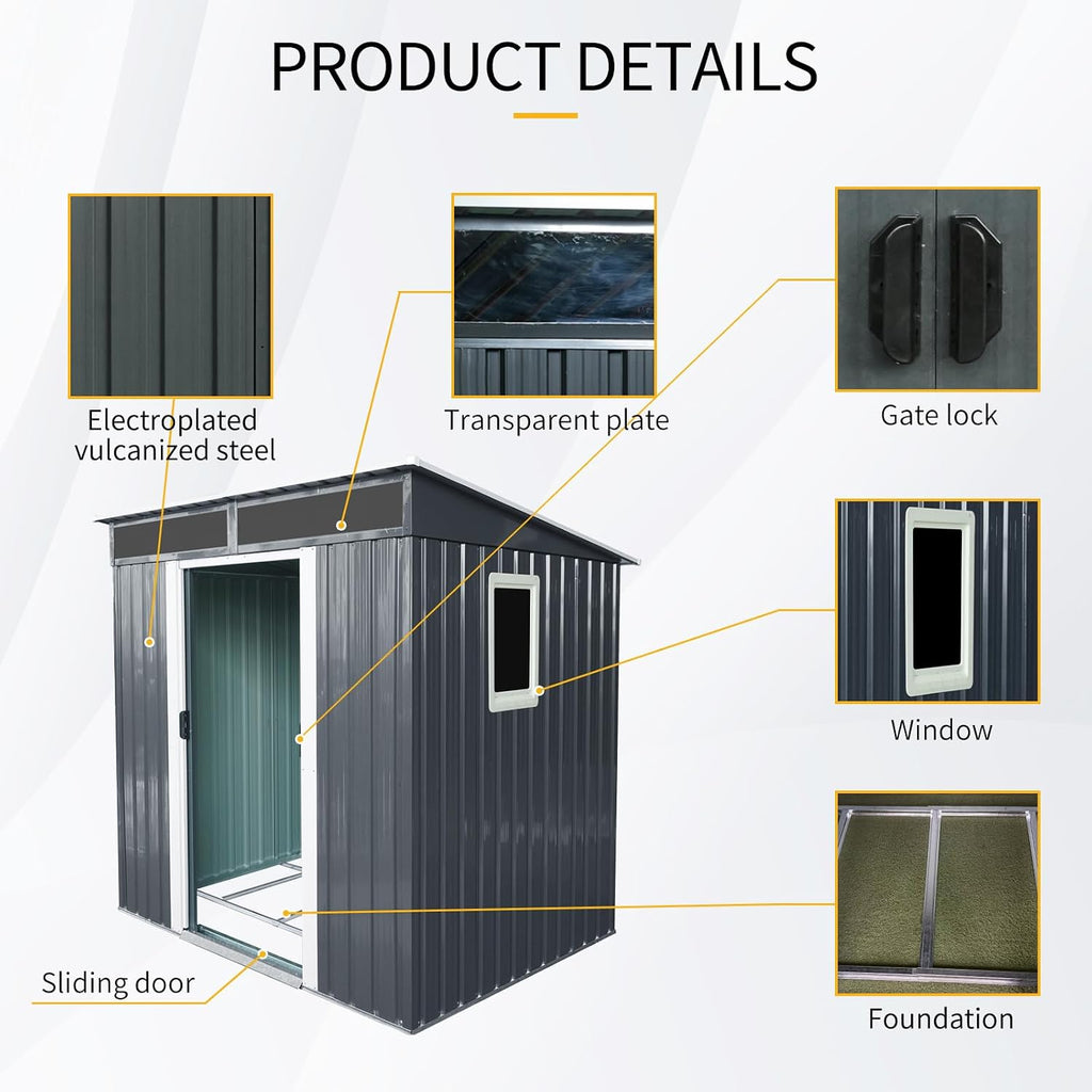 JT 6X4.5FT Outdoor Storage Shed, Galvanized Metal Garden Shed with Window and Metal Foundation, Tool Storage Shed for Patio Lawn Backyard (Black-with The window-6ftx4.5ft)