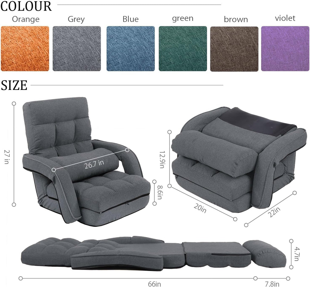 14-Position Adjustable Floor Chair, Chaise Lounge Indoor, Folding Lazy Sofa with Armrests and a Pillow Padded Adults Gaming Chairs for Living Room, Bedroom Factory Price,8803 (Grey)