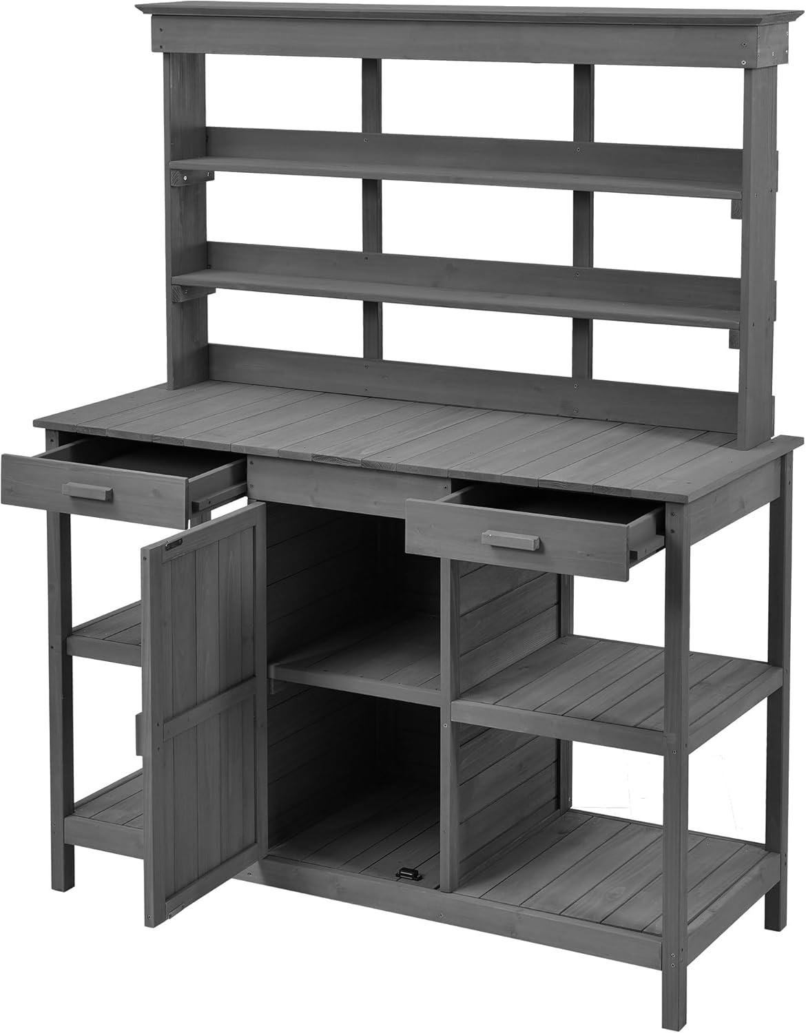 Outdoor Potting Bench Table, Farmhouse Wooden Garden Workstation with 2 Drawers, Cabinet and Open Shelves for Backyard, Mudroom, Grey