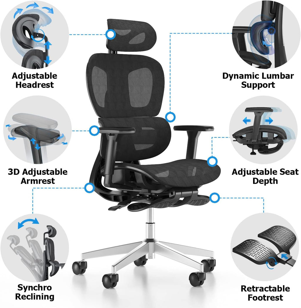 PatioMage Ergonomic Office Chair with Footrest, Big and Tall Desk Chair with Adjustable Lumbar Support, Seat Depth & 3D Armrests, High Back Mesh Computer Chair for Home Office, Black