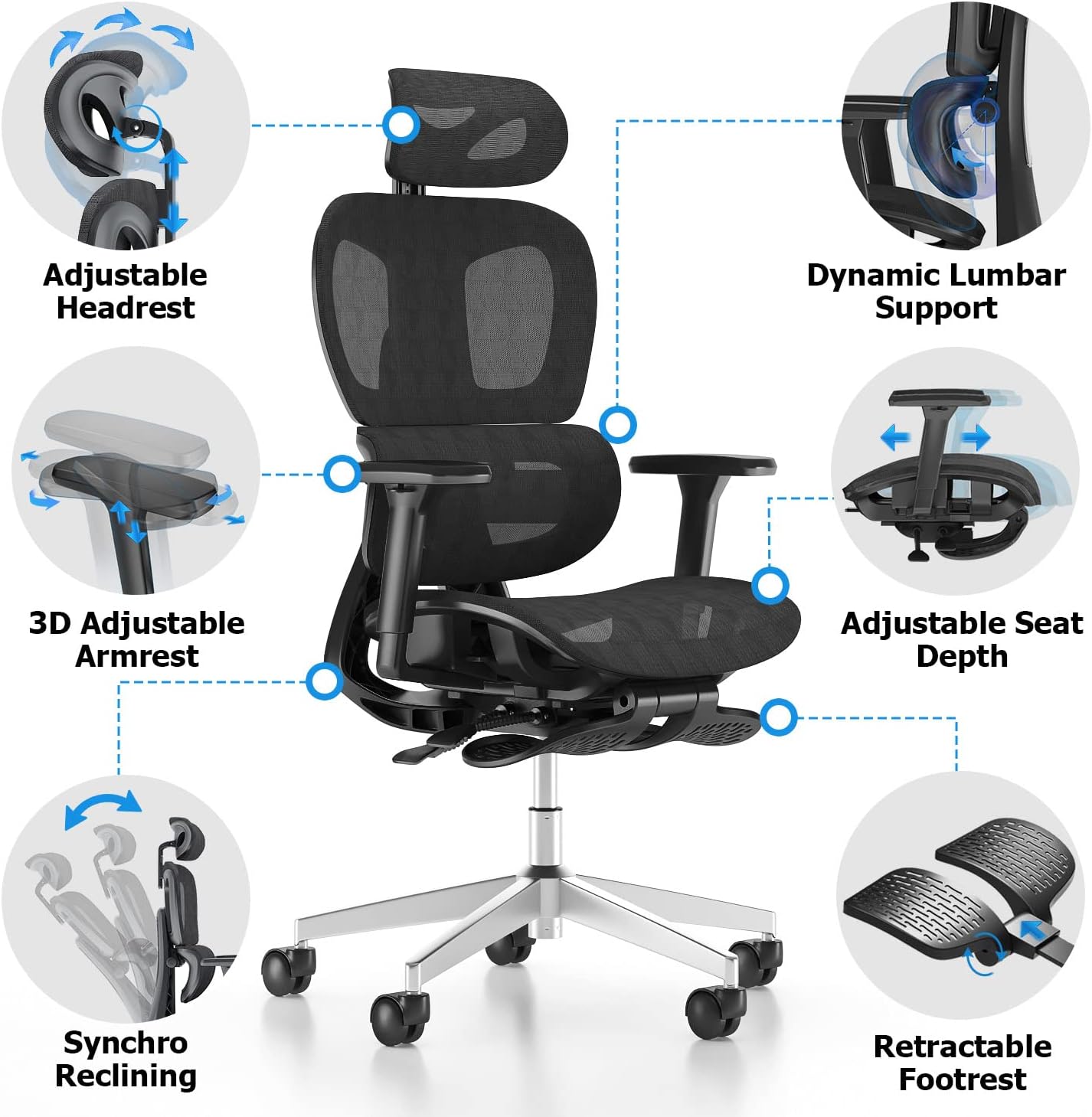 PatioMage Ergonomic Office Chair with Footrest, Big and Tall Desk Chair with Adjustable Lumbar Support, Seat Depth & 3D Armrests, High Back Mesh Computer Chair for Home Office, Black