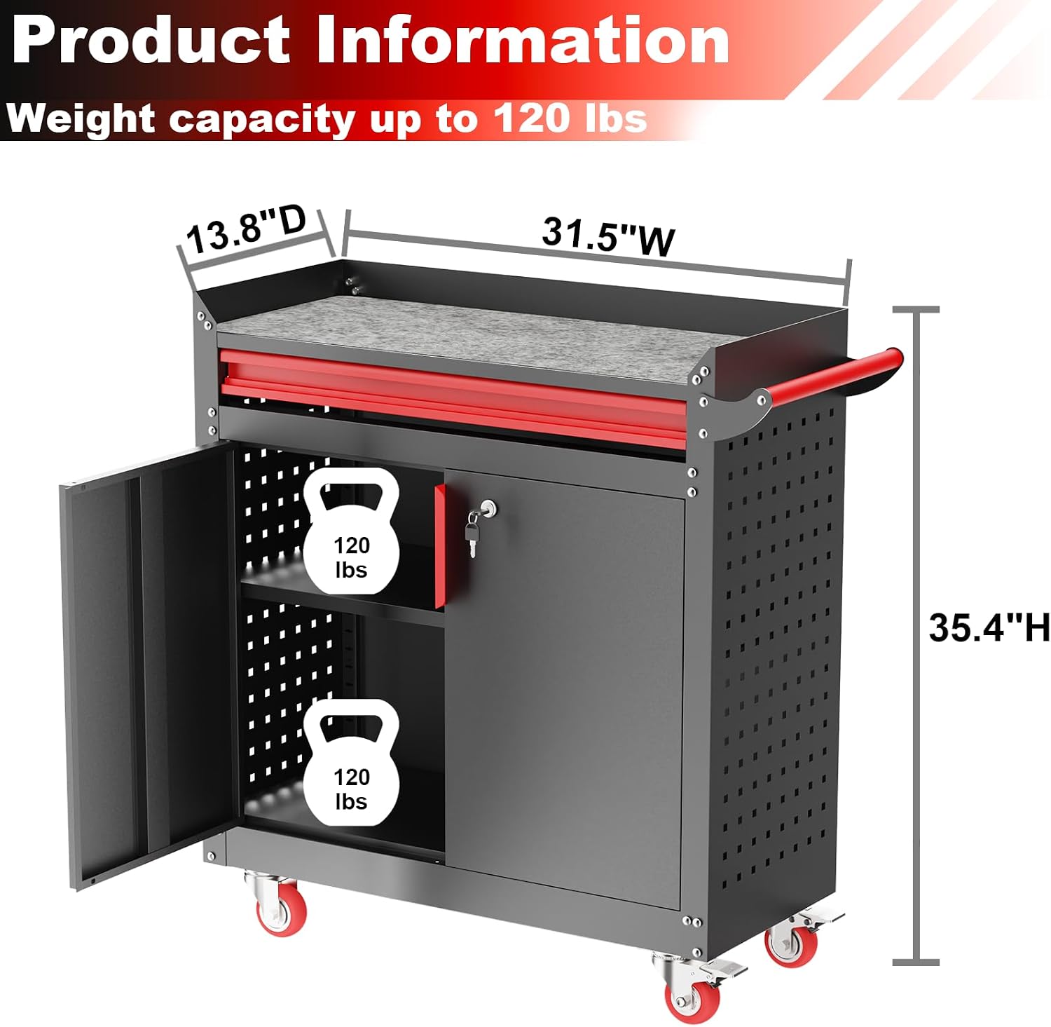 Kelueo Metal Garage Storage Cabinet with Wheels,Lockable Storage Cabinets with Adjustable Shelf,Steel Tool Locker with Pegboard and Handle for Garage,Warehouse