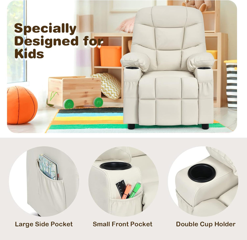 MAT EXPERT Kids Recliner, Leather Adjustable Reading Gaming Chair w/ 2 Cup Holder, 3 Side Pocket Storage & Footrest, Kids Couch Toddler Lounge Chair for Boys Girls, Kids Room Playroom Nursery (Beige)