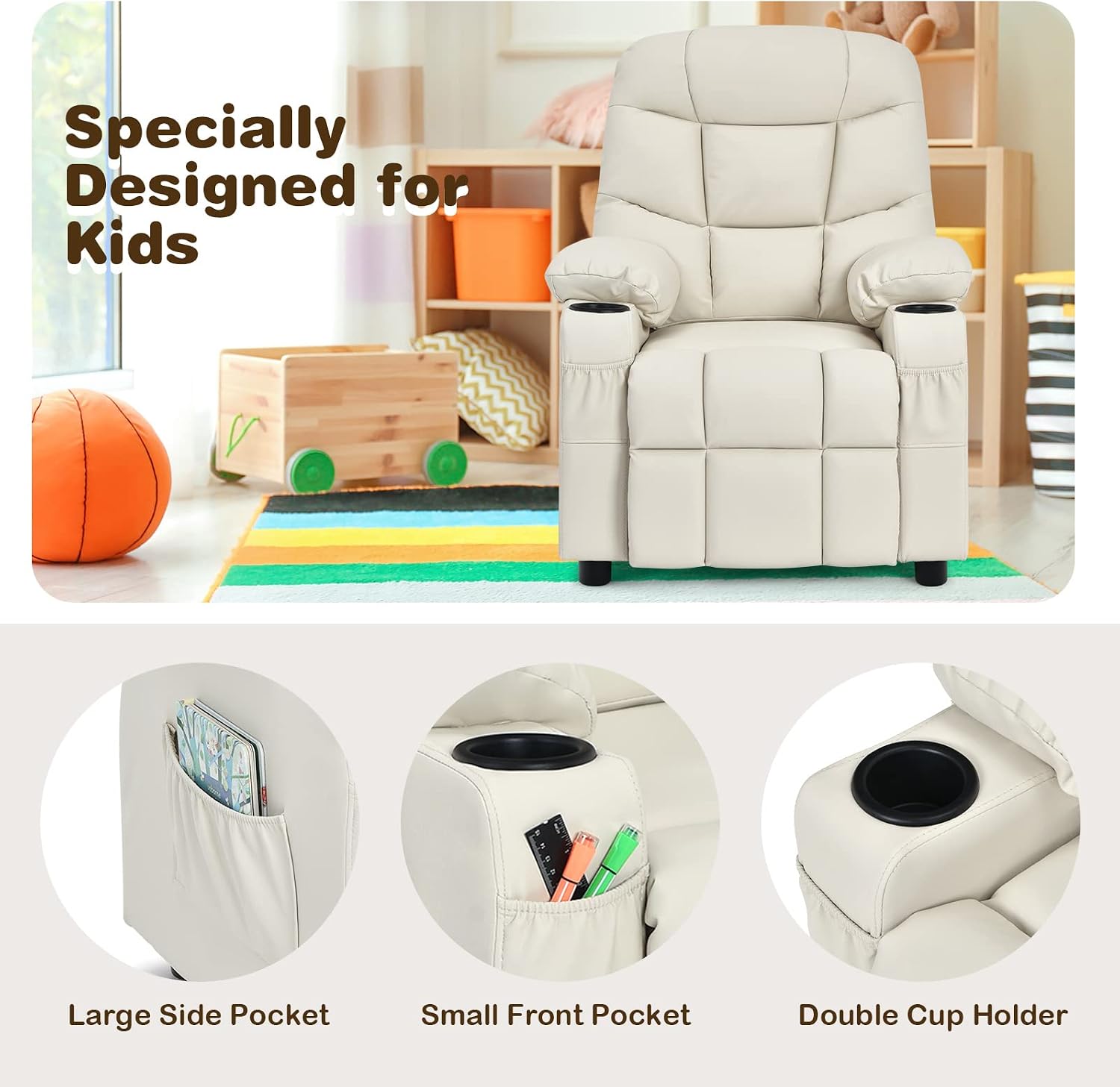 MAT EXPERT Kids Recliner, Leather Adjustable Reading Gaming Chair w/ 2 Cup Holder, 3 Side Pocket Storage & Footrest, Kids Couch Toddler Lounge Chair for Boys Girls, Kids Room Playroom Nursery (Beige)
