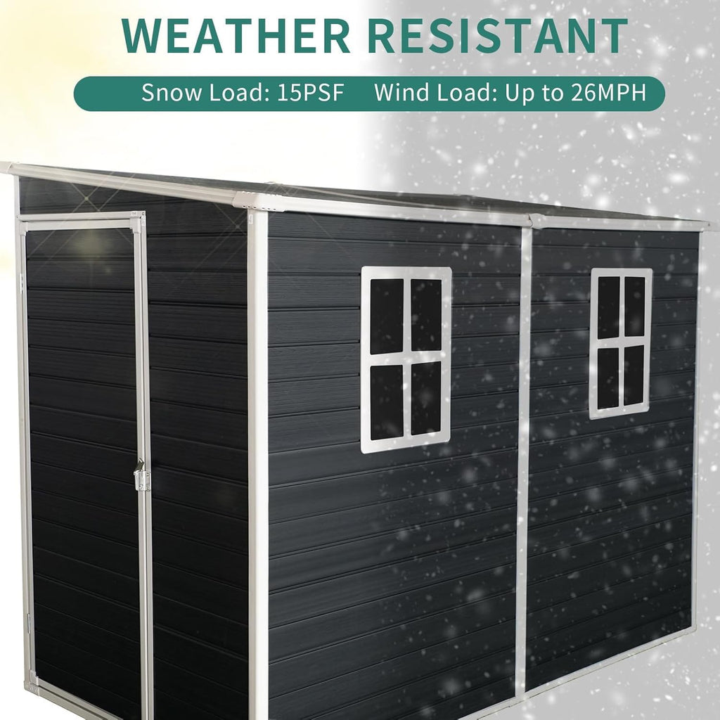 KUIKUI Shed with Floor Included, 8x4ft Storage Sheds, Plastic Lean to Backyard Shed with 2 Windows and Lockable Door, for Garden Tools, Bike, Carbon Black