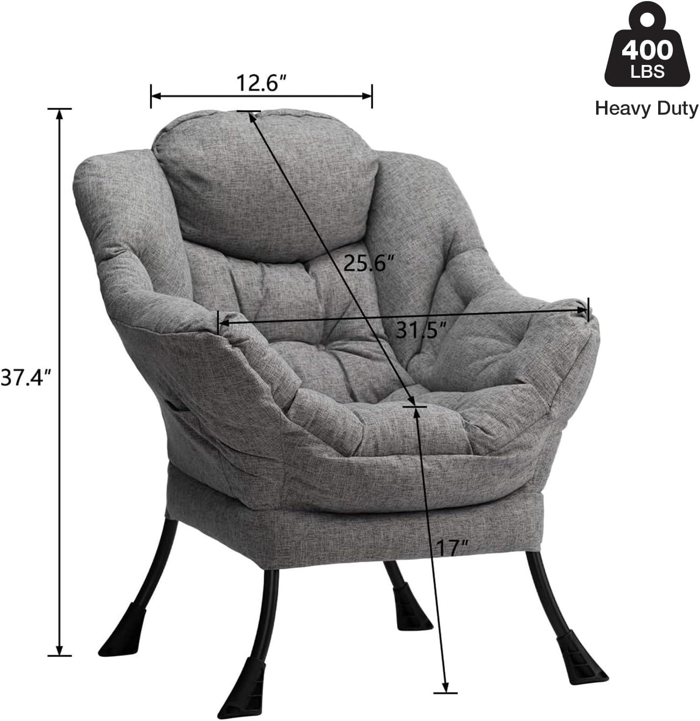 HollyHOME Lazy Chair with Armrest and Side Pocket, Comfy Accent Lounge Chair,Leisure Sofa Armchair for Living Room, Bedroom, Dorm, or Small Spaces, Oversized Reading Sofa Chair,Cotton-Linen Grey