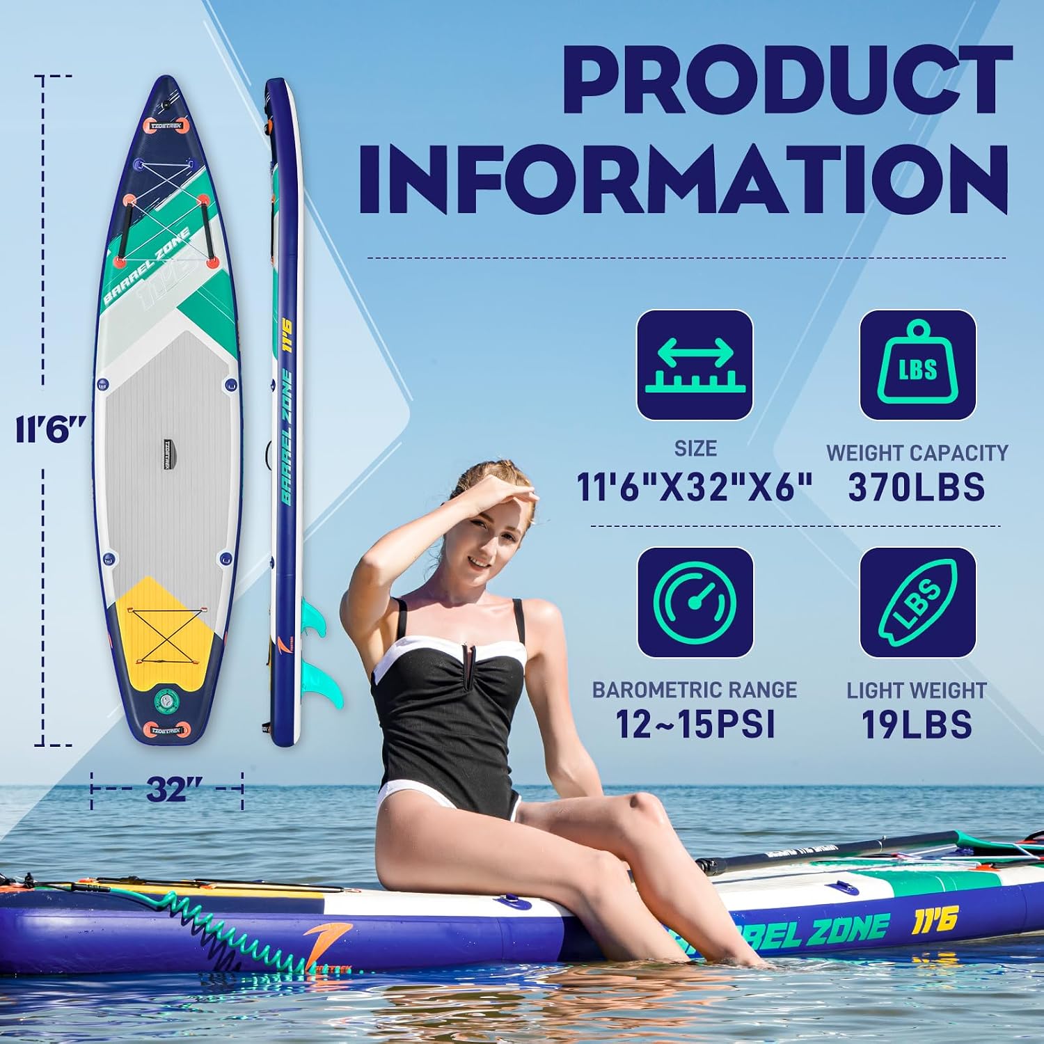 11'6' Inflatable Stand Up Paddle Boards, Premium SUP Accessories, Non-Slip Comfort Deck for Youth & Adults