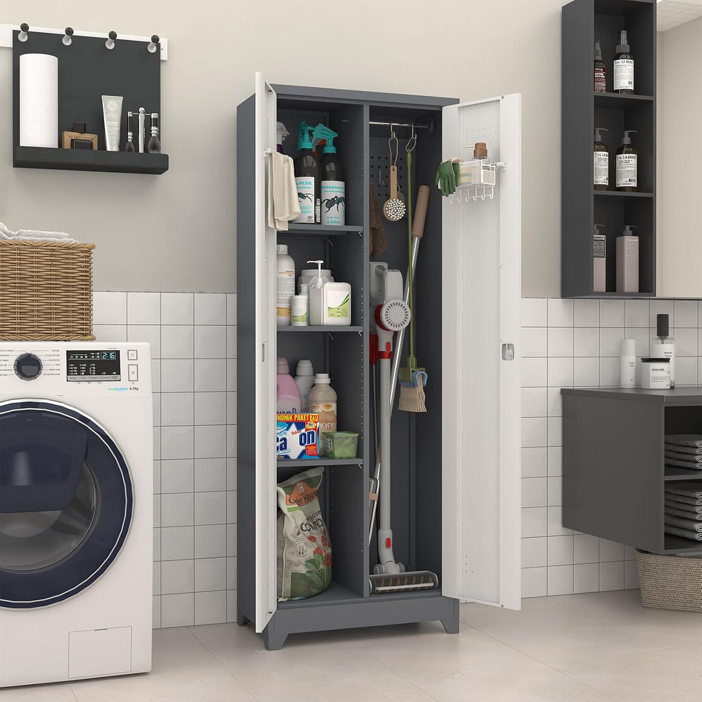 Broom Storage Cabinet, Metal Utility Storage Cabinet with Hanging Rail, 65' Tall Cleaning Tool Organizer with Shelves and Doors, for Home, Garage, Office, Balcony
