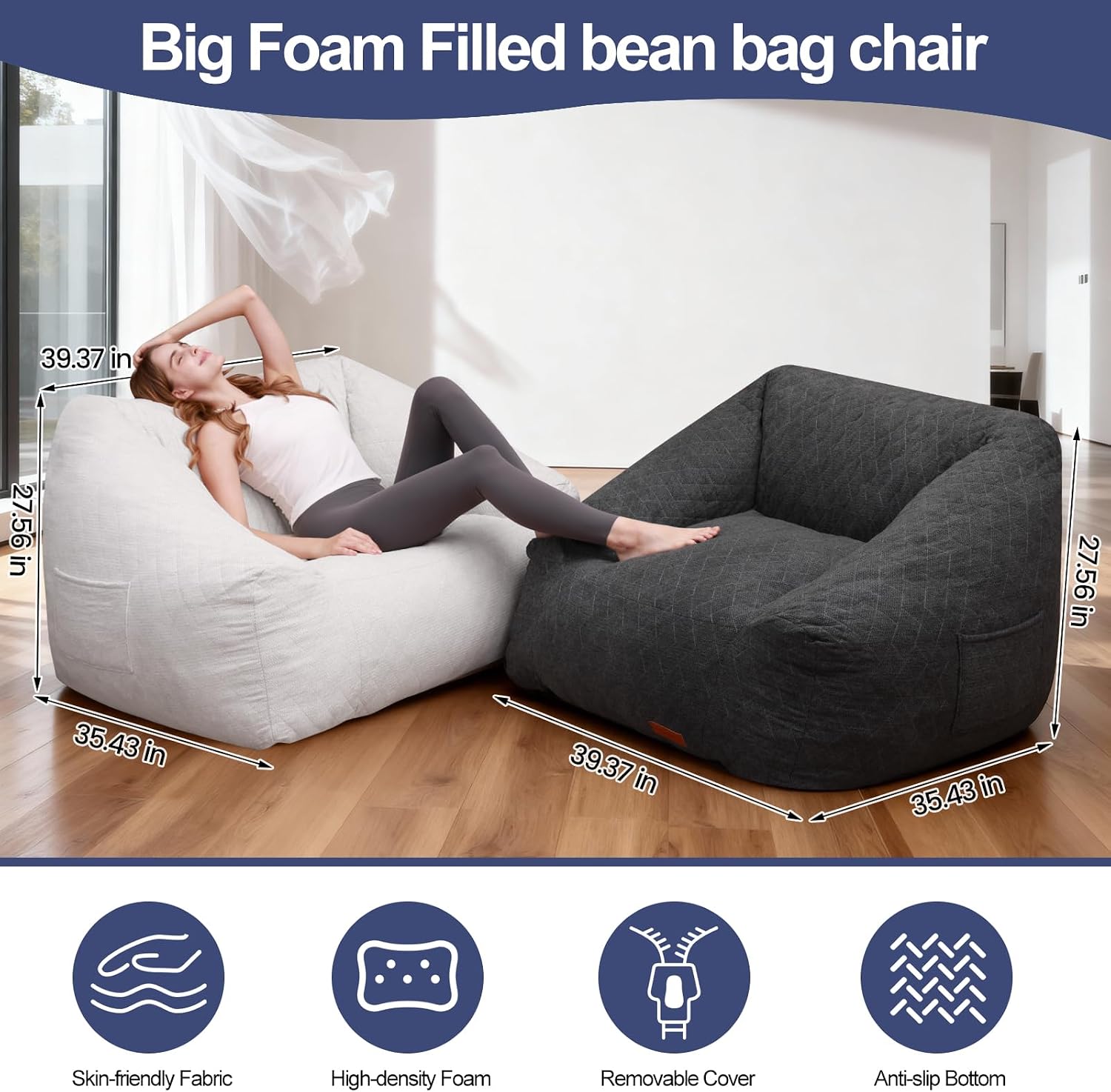 Bean Bag Chair with Memory Foam Filling- Large Stuffable Soft Giant Beanbag Reading Chair, Adults Lounge Gaming Lazy Sofa Bed for Living Room Bedroom- Beige, Quilted Linen