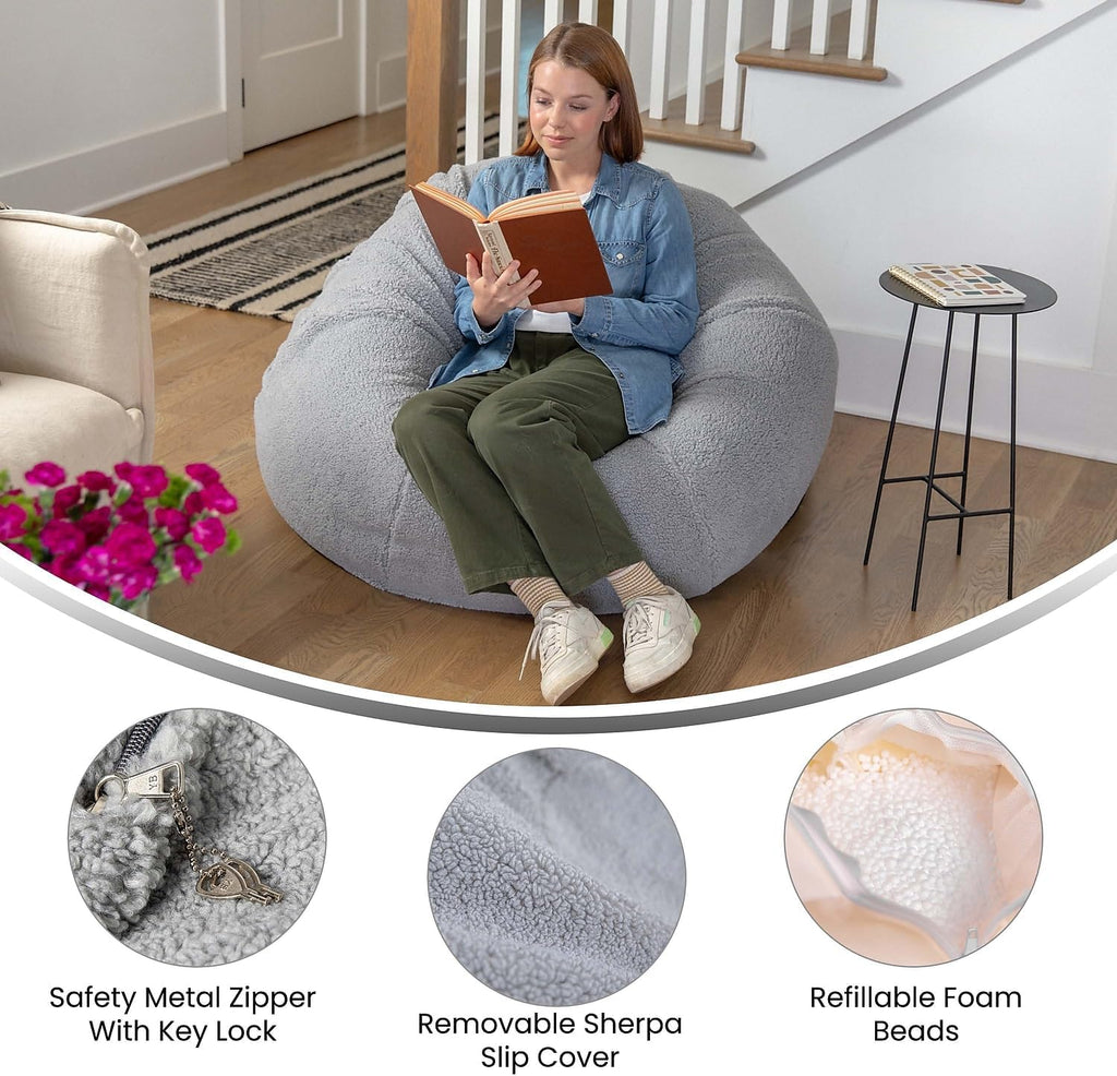 Flash Furniture Duncan Sherpa Bean Bag Chair, Classic Refillable Bean Bag Chair for Kids and Teens, Large, Gray
