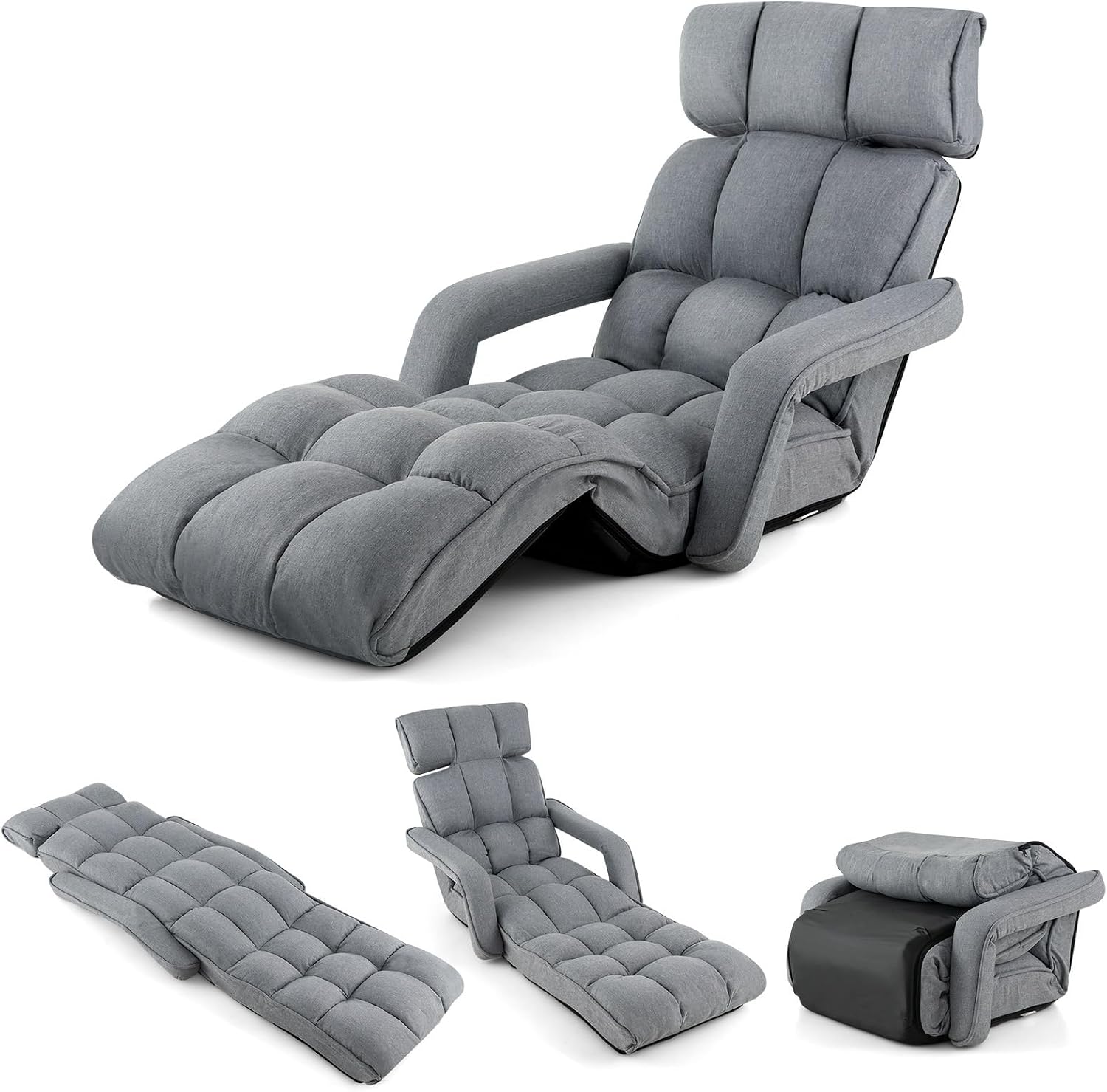 Moccha Floor Chairs for Adults, Adjustable 6-Position Floor Lounger w/Adjustable Armrests, Backrest & Footrest, No Assembly Folding Lazy Sofa Chair for Gaming, Light Weight Chaise Lounge