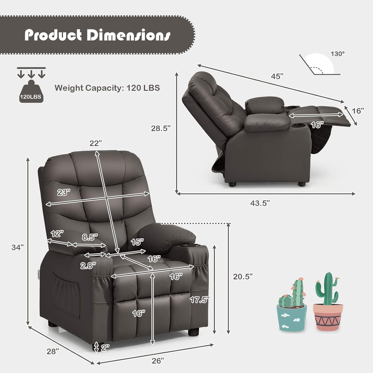 MAT EXPERT Kids Recliner, Leather Adjustable Reading Gaming Chair w/ 2 Cup Holder, 3 Side Pocket Storage & Footrest, Kids Couch Toddler Lounge Chair for Boys Girls, Kids Room Playroom Nursery (Coffee)