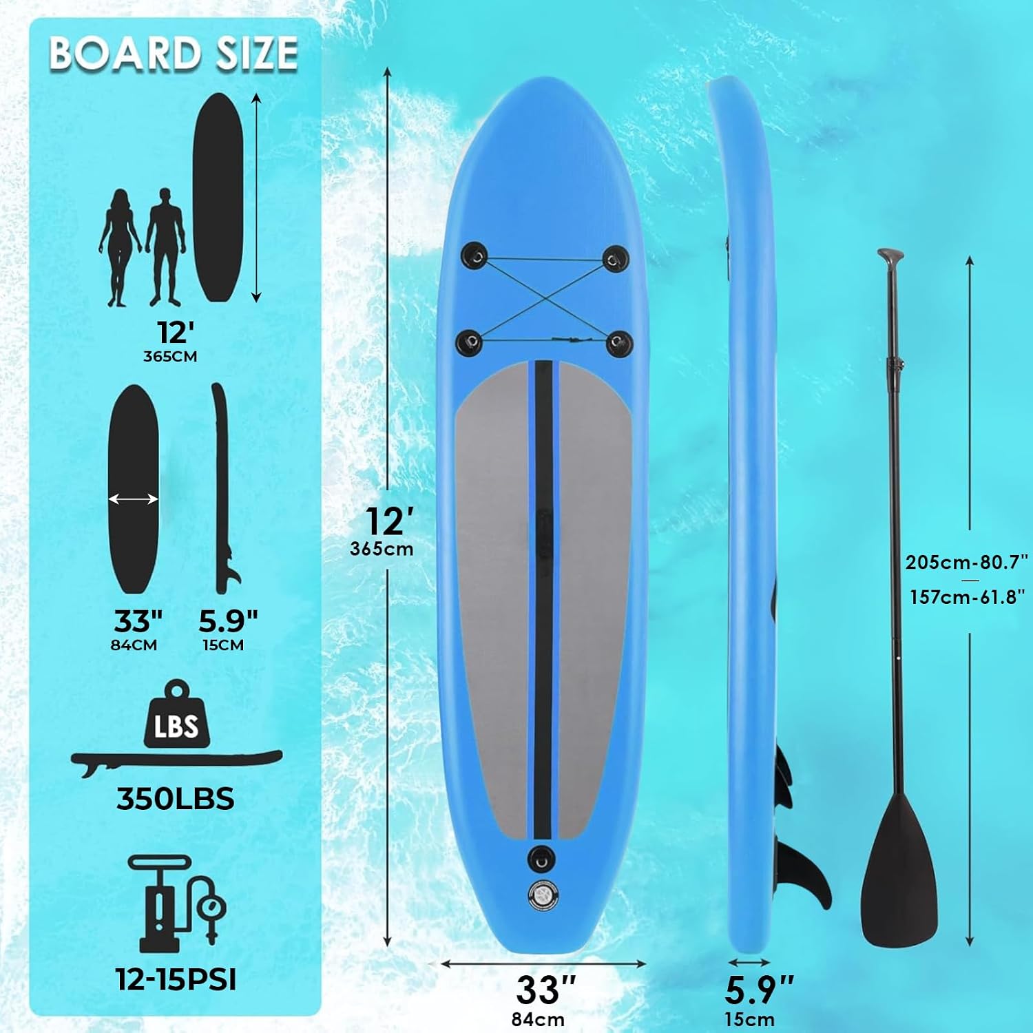Clevich 12FT Stand Up Paddle Board, Inflatable Paddleboard with SUP Accessories & Carry Bag, Paddle, Hand Pump, Non-Slip Deck, Repair Kit,Leash, 400LBS
