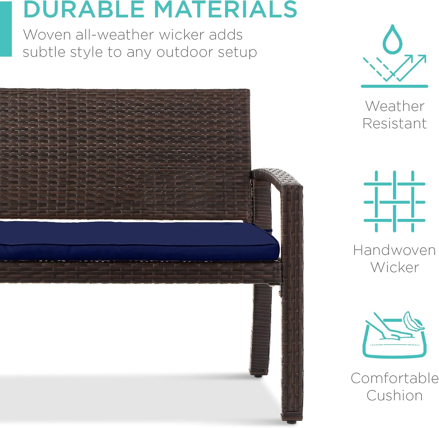 Best Choice Products Outdoor Bench 2-Person Wicker Garden Patio Benches Seating Furniture for Backyard, Porch w/Seat Cushion, 700lb Capacity - Navy/Brown