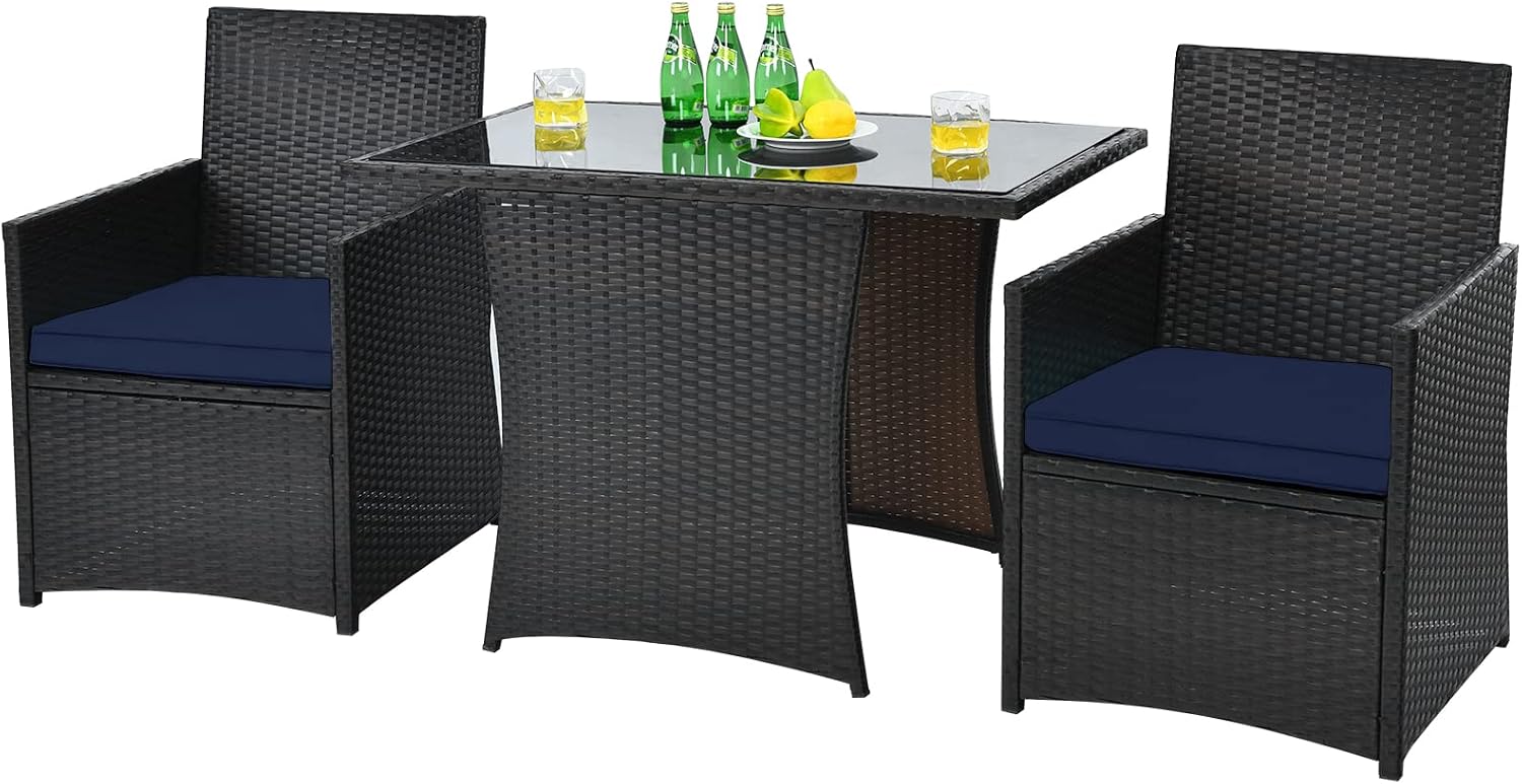 HAPPYGRILL 3 Piece Patio Furniture Set, Outdoor PE Rattan Wicker Bistro Set with Washable Cushions & Tempered Glass Table, for Backyard Porch Garden Balcony Poolside