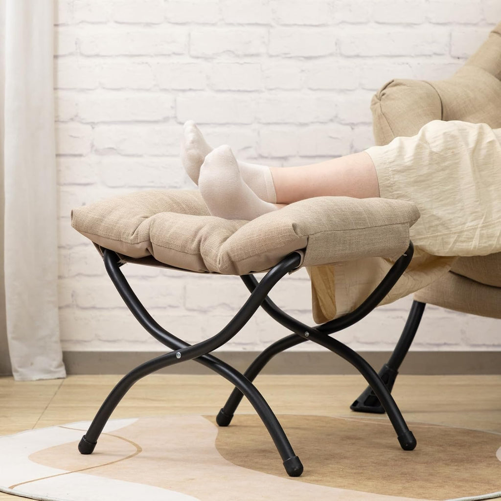 HollyHOME Lazy Chair with Foldable Ottoman, Accent Comfy Lounge Armchair and Folding Footrest Stool, Leisure Sofa Reading Chair and Footstool for Living Room, Bedroom, Dorm,Cotton-Linen Tan