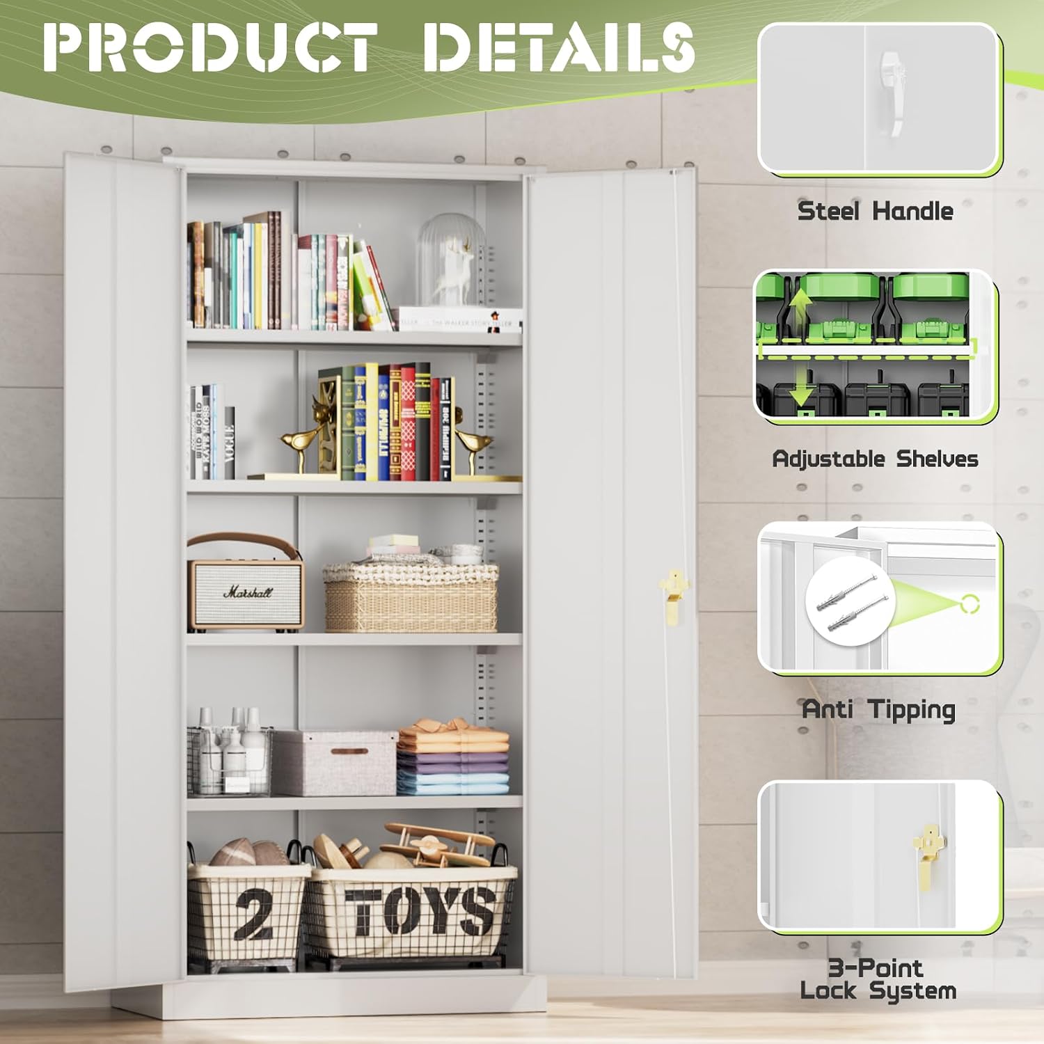 SUNCROWN 72' Metal Storage Cabinet - Heavy-Duty Metal Garage Cabinet with 4 Adjustable Shelves & 2 Doors for Tools, Office, Home, Workshop,White