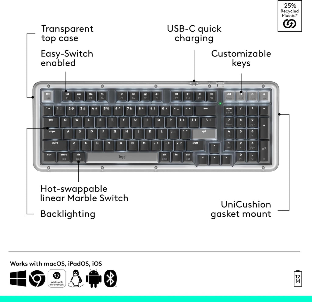 Logitech Alto Keys K98M Wireless Mechanical Clicky Keyboard, Customizable Keyboard with Vibration Absorbing Gasket, Backlit Keys, Bluetooth, USB-C Charging, for PC, Mac, Laptops - Graphite