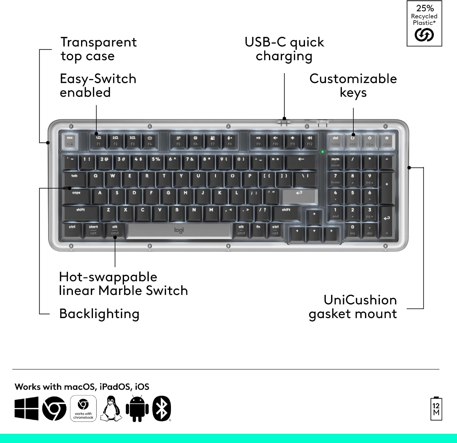 Logitech Alto Keys K98M Wireless Mechanical Clicky Keyboard, Customizable Keyboard with Vibration Absorbing Gasket, Backlit Keys, Bluetooth, USB-C Charging, for PC, Mac, Laptops - Graphite
