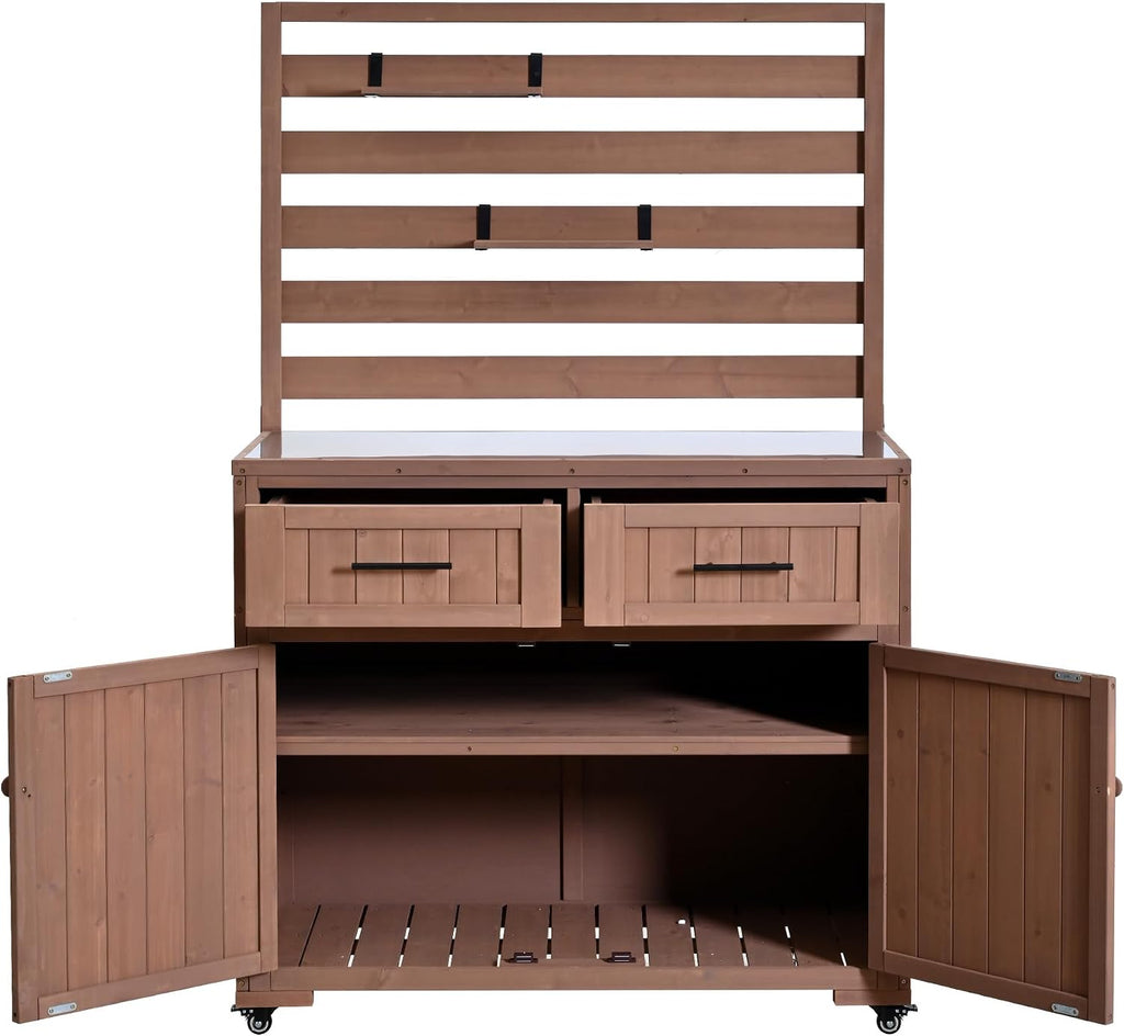 64.9'' H Large Patio Kitchen Island Solid Wood Kitchen Cart, Grill Prep BBQ Table, Garden Potting Bench with Stainless Table Top, 3 Movable Shelves and 2 Drawers (Brown-64.9'')
