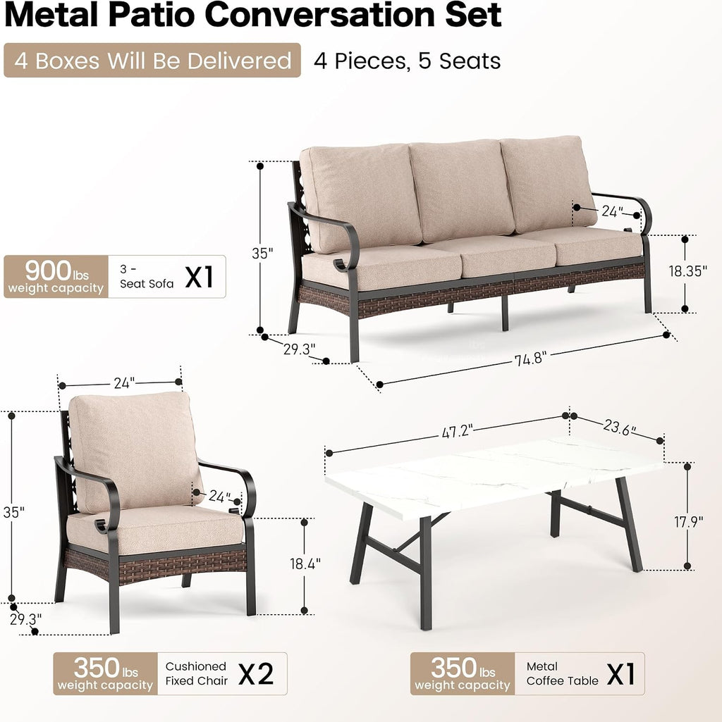 SUNSHINE VALLEY 4 Piece Metal Outdoor Patio Furniture Set, Patio Conversation Sets 1 3-Seater Sofa, 2 Chairs with 5.75' Extra Thick Cushion and Coffee Table, Black Frame Backyard Furniture, Beige