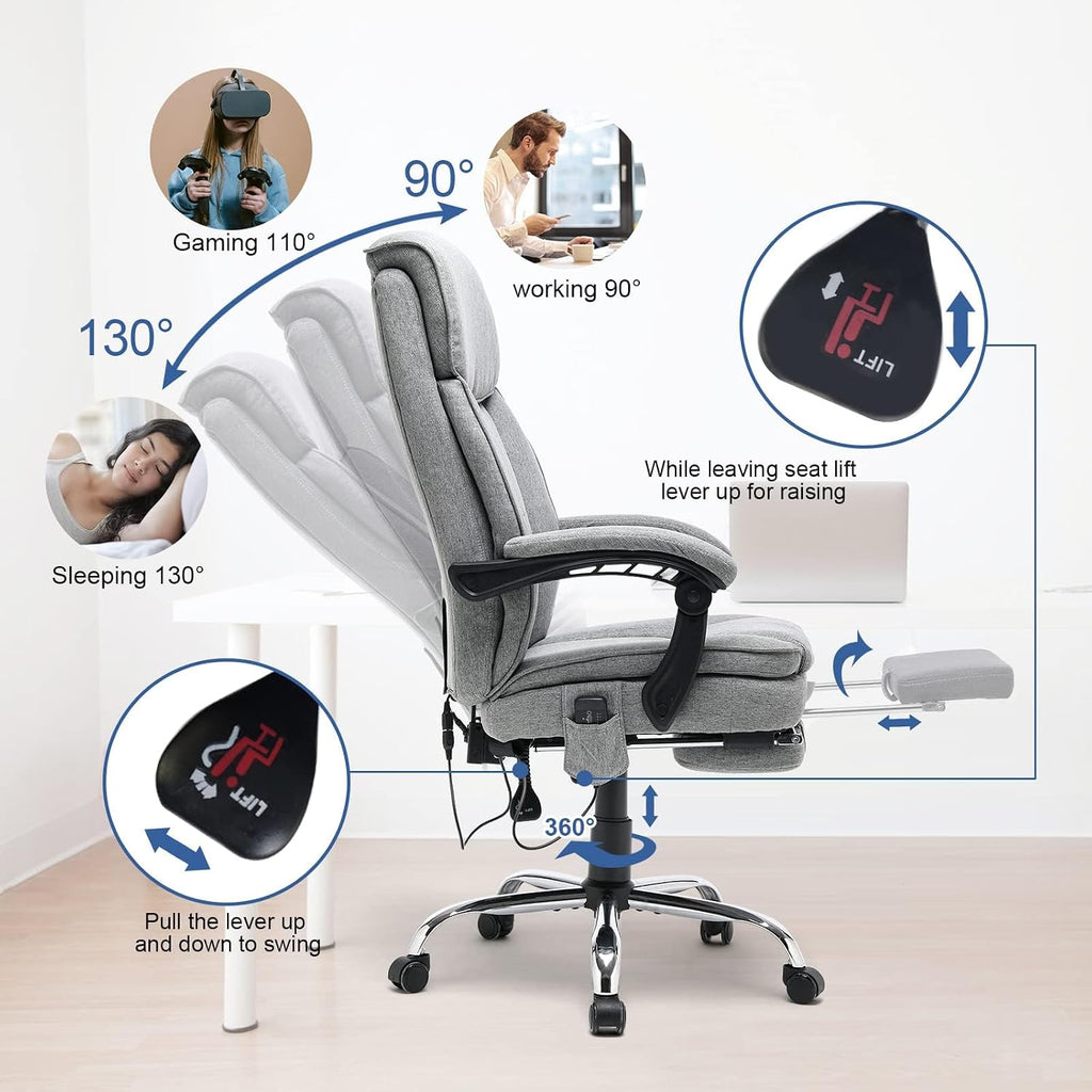 HOMREST Reclining Office Chair with 4-Point Massage, Breathable Fabric Executive Chair with Retractable Footrest, Ergonomic Computer Chair with High Back, Reclining Gaming Chair for Home, Grey