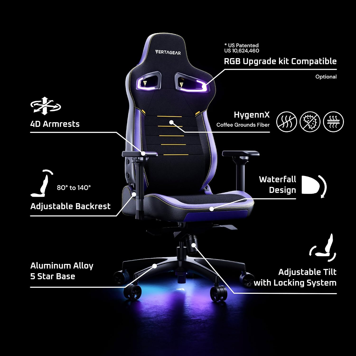 Vertagear PL4800 Ergonomic Big & Tall Gaming Chair Featuring ContourMax Lumbar & VertaAir Seat Systems - RGB LED Kits Upgradeable - Carbon Black