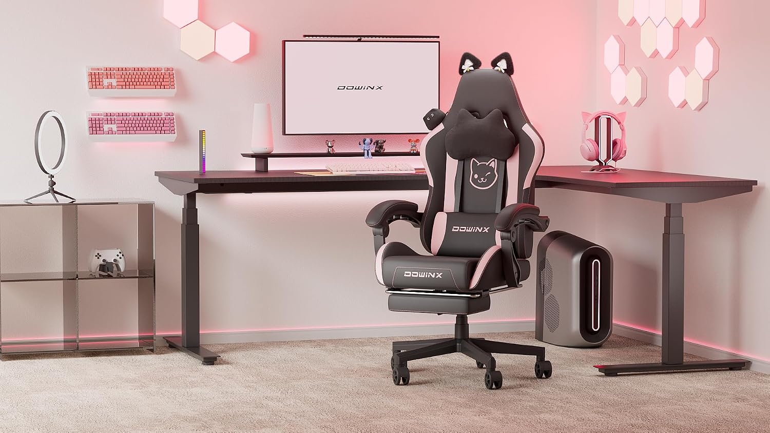 Dowinx Gaming Chair Cute with Cat Ears and Massage Lumbar Support, Ergonomic Computer Chair for Girl with Footrest and Headrest, Comfortable Reclining Game Chair 290lbs for Adult, Teen, Black