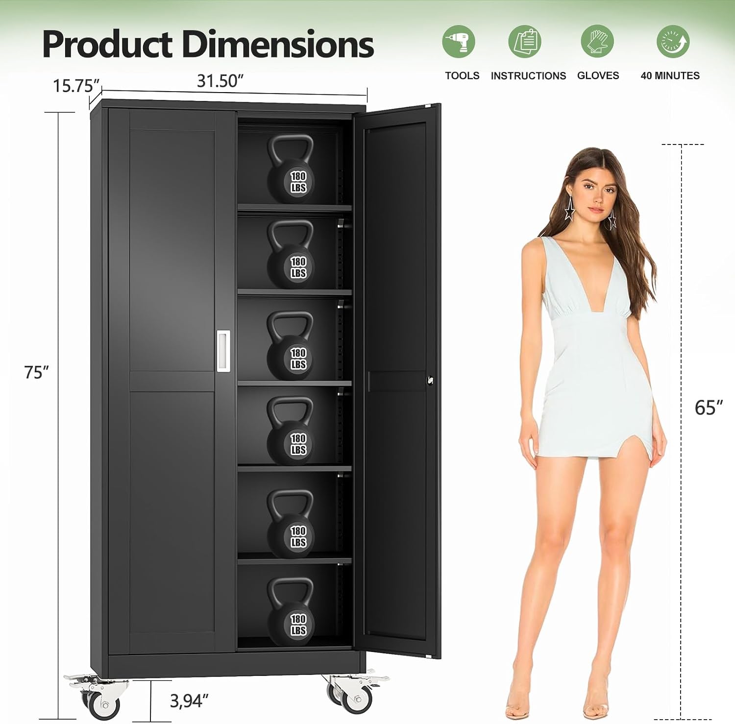 Metal Garage Storage Cabinets and storage system, 75'Tall Rolling utility cabinet with Wheels, Lock, 5 Adjustable Shelves, Heavy Duty Steel Tool Locker for Home Office, Utility Room, Gym,Black