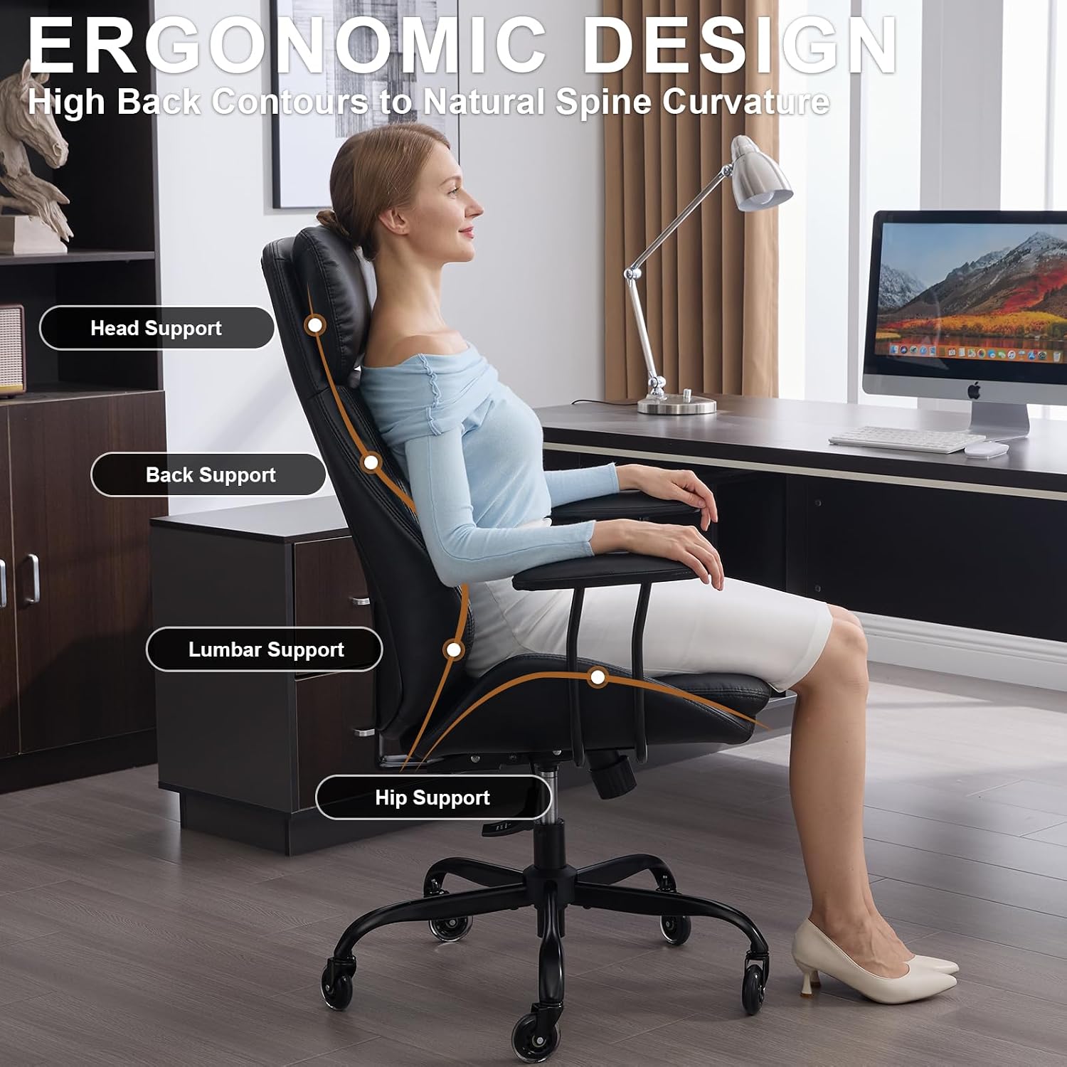 E-Motie Office Chair, Leather Desk Chair with Rubber Wheels, Ergonomic Computer Chair 500 LBS with Lumbar Support, High Back Executive Chair for Modern Home Office, Black